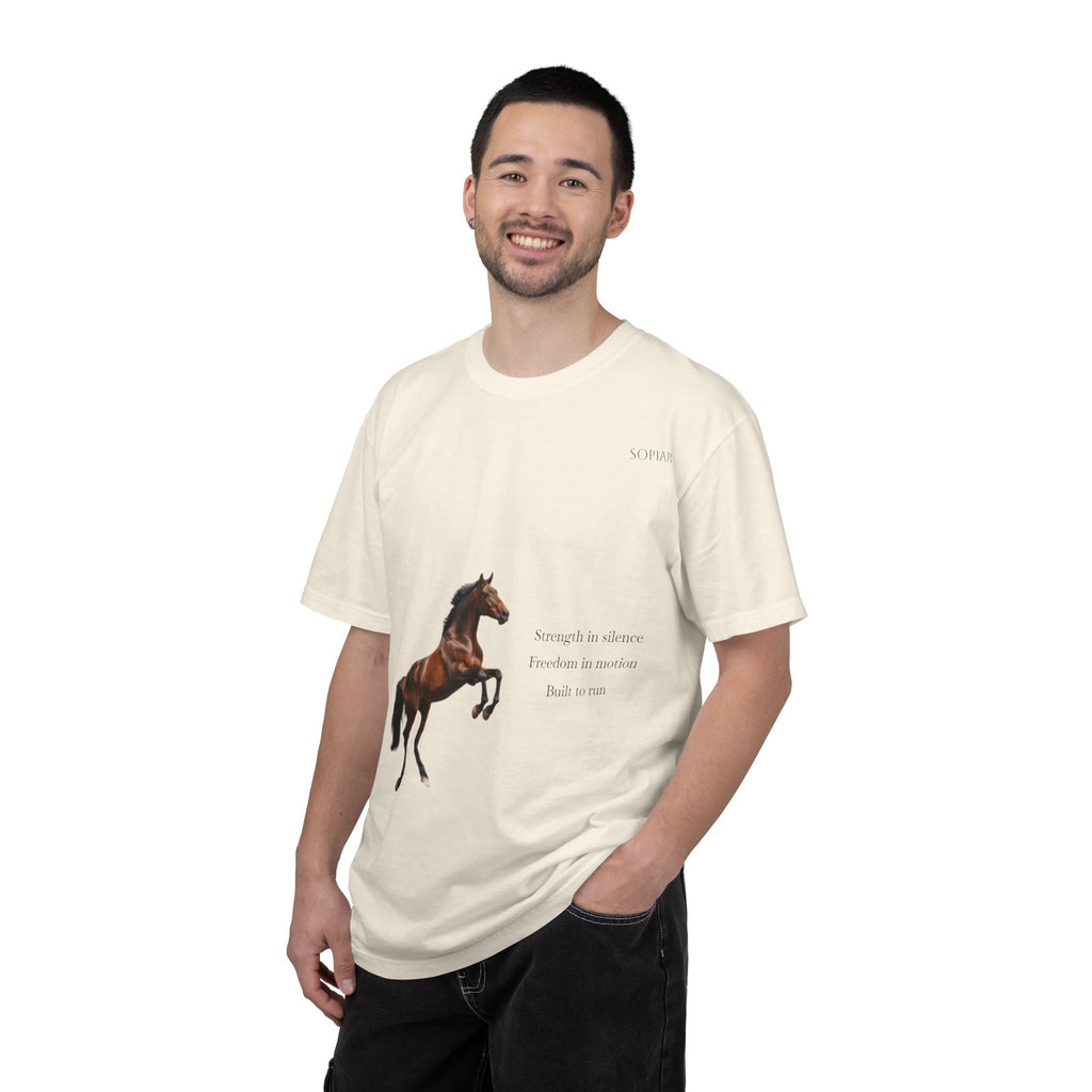 Horse Graphic T-Shirt — Majestic Rearing Stallion Tee with Subtle Text