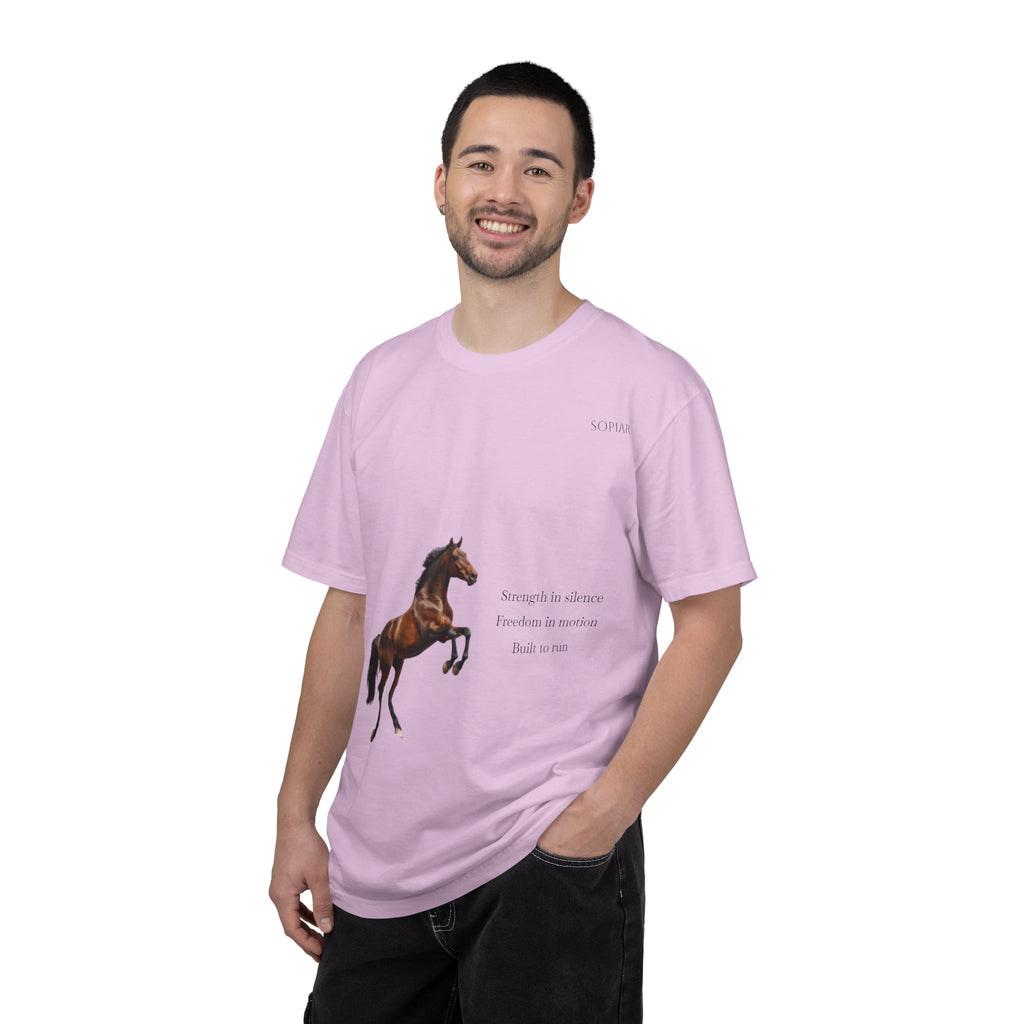 Horse Graphic T-Shirt — Majestic Rearing Stallion Tee with Subtle Text
