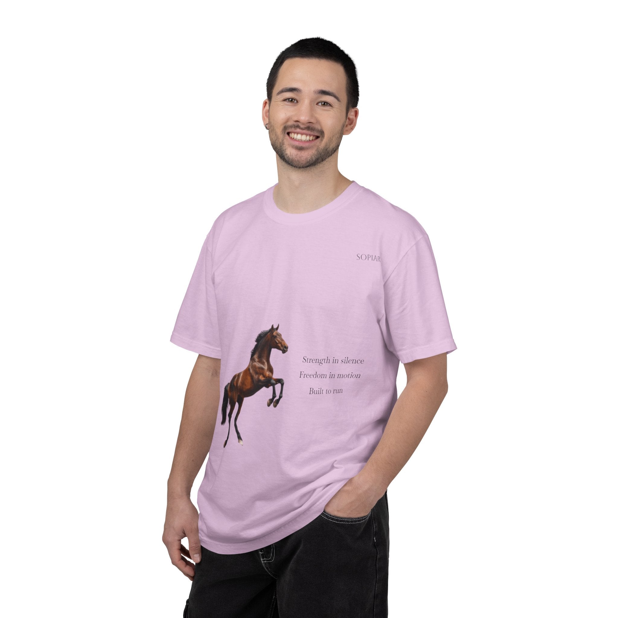 Horse Graphic T-Shirt — Majestic Rearing Stallion Tee with Subtle Text