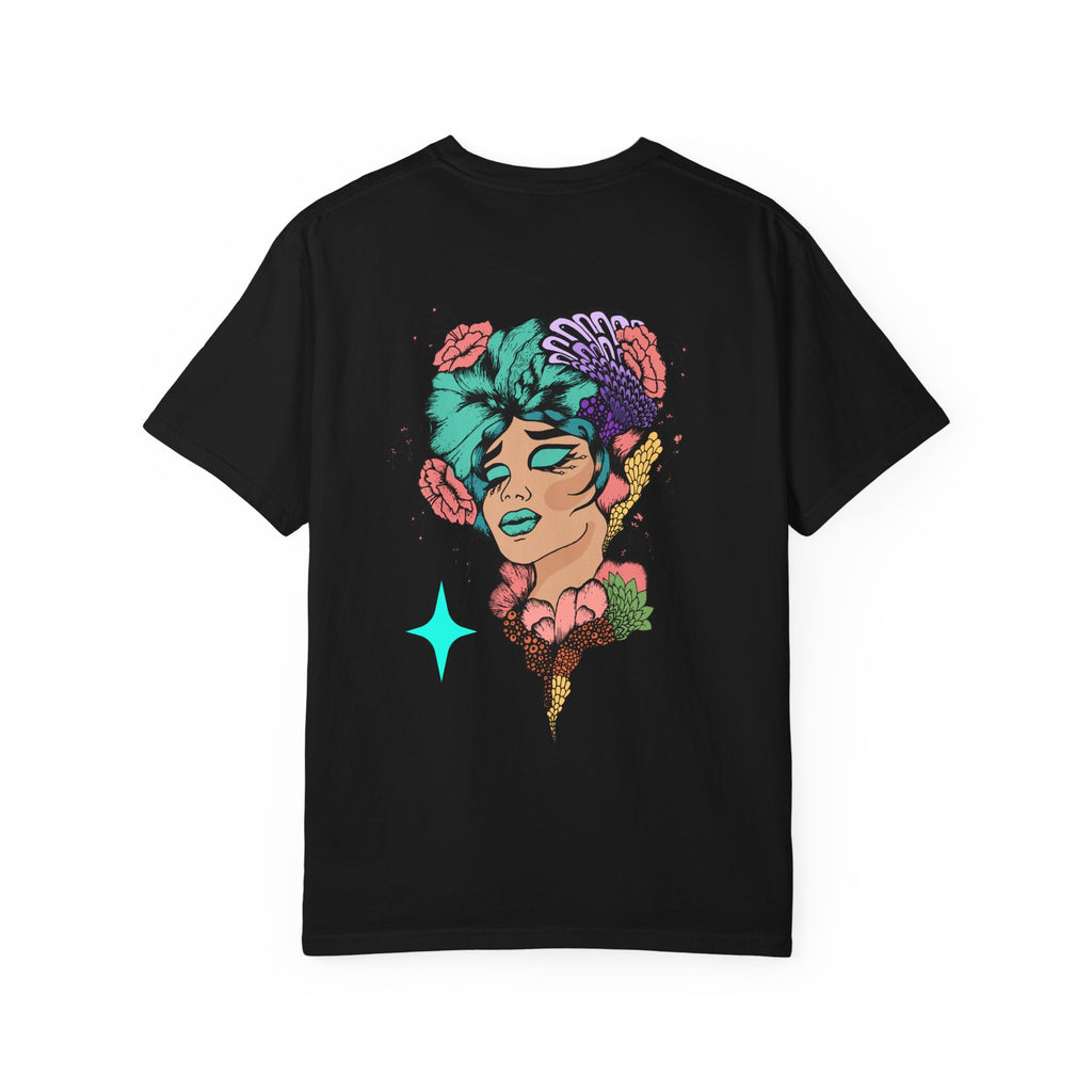 Artistic Floral Portrait T‑Shirt — Surreal Woman with Flowers Graphic