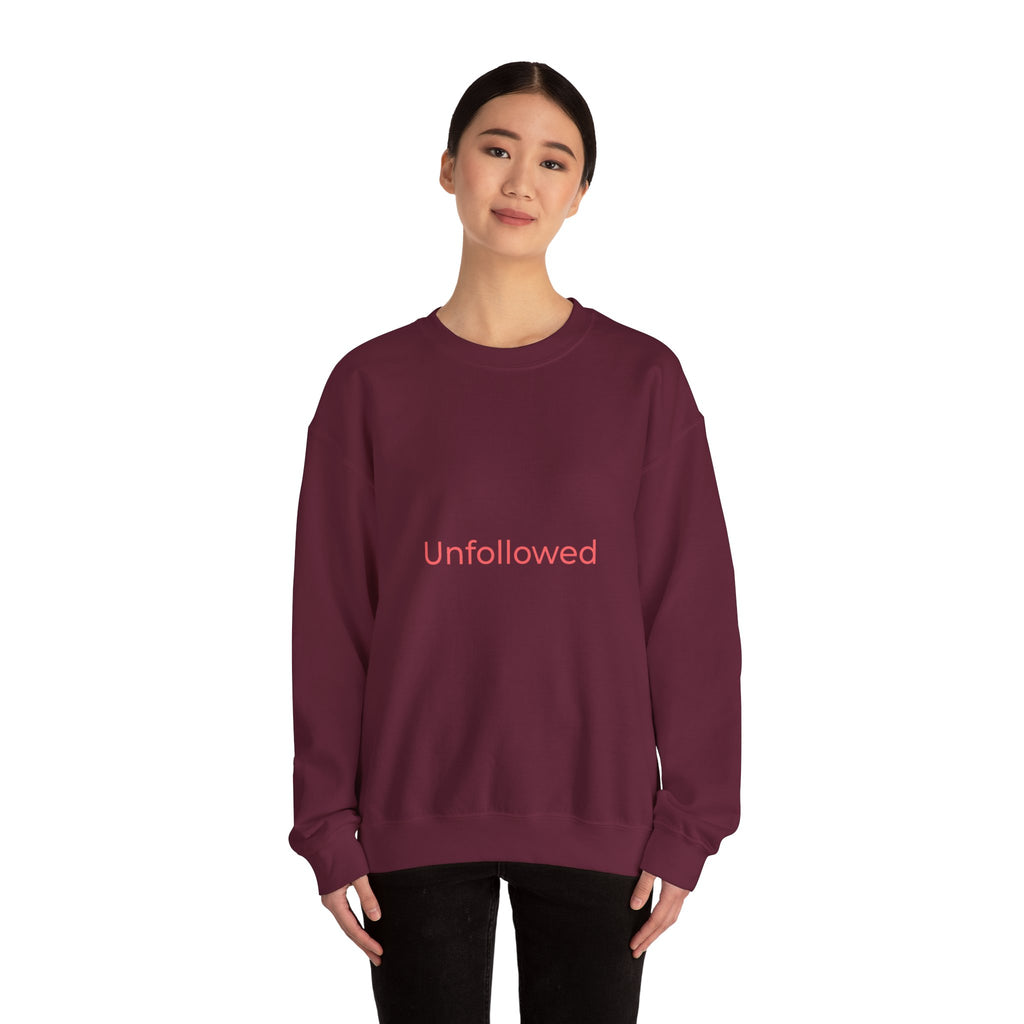 Unfollowed Crewneck Sweatshirt — Minimalist White Pullover with Pink Text