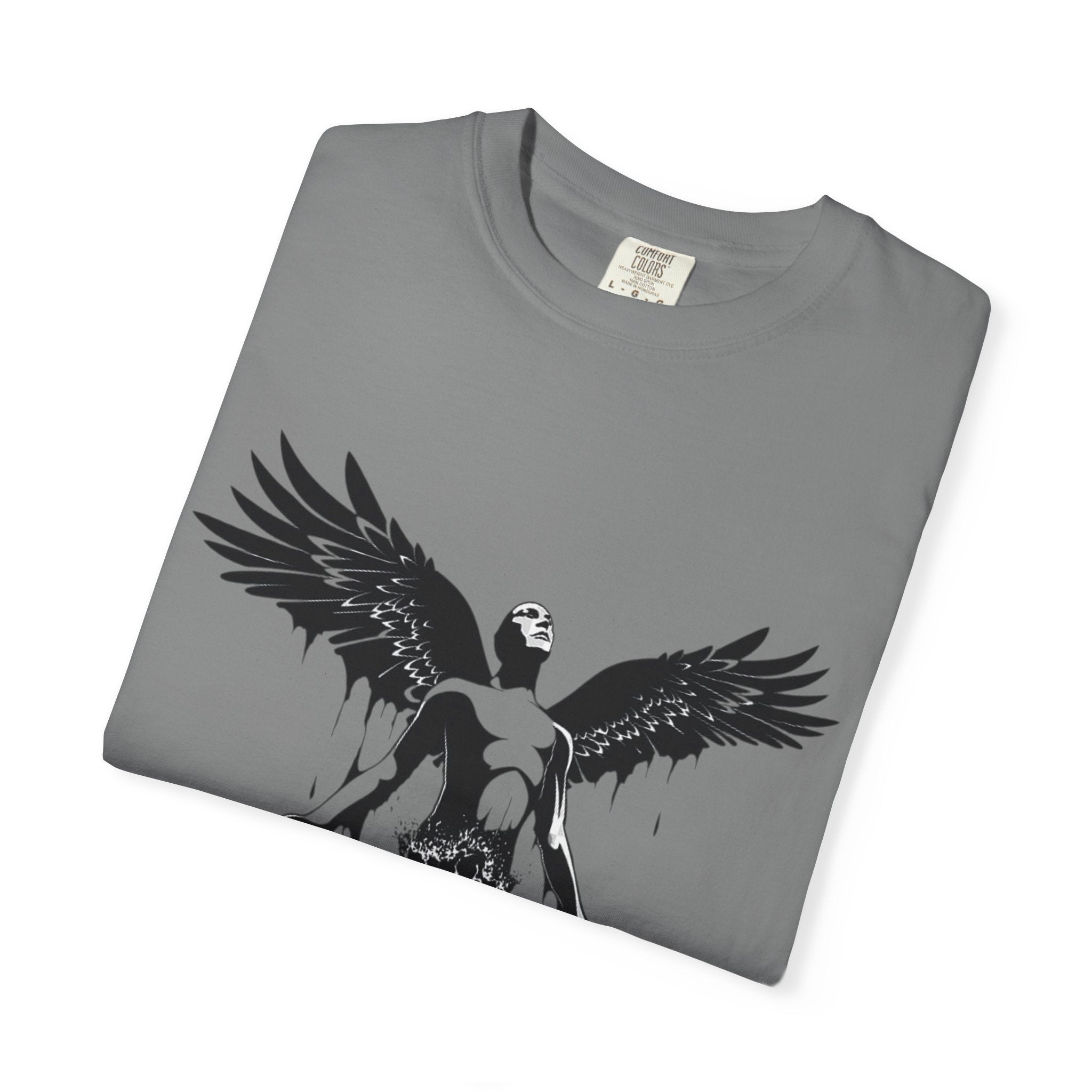 Fallen Angel Graphic T-Shirt — Gothic Winged Figure Tee