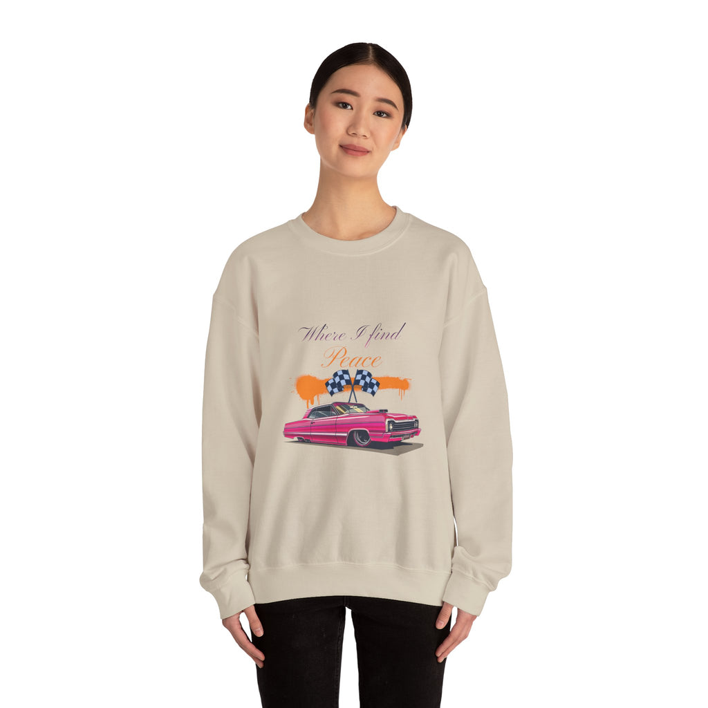 Crewneck Sweatshirt — 'Where I Find Peace' Vintage Pink Car Graphic