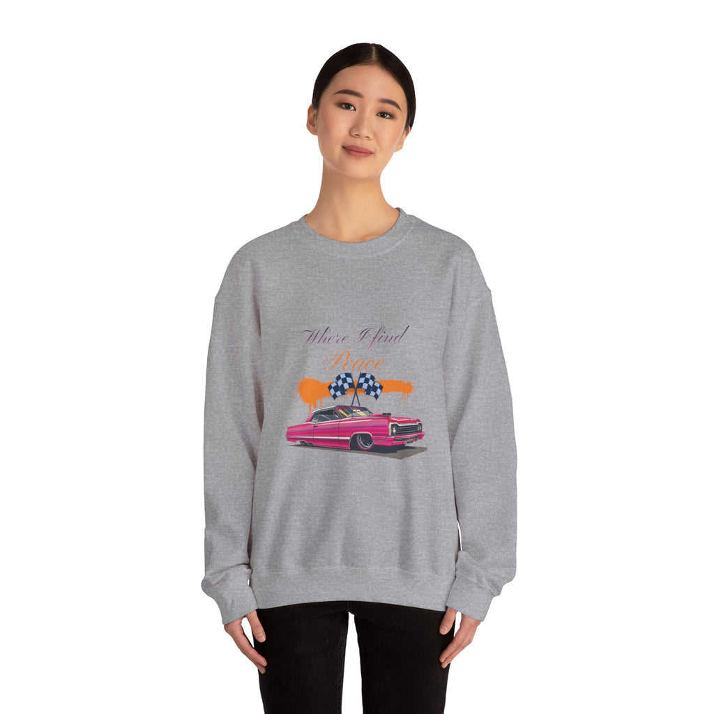 Crewneck Sweatshirt — 'Where I Find Peace' Vintage Pink Car Graphic