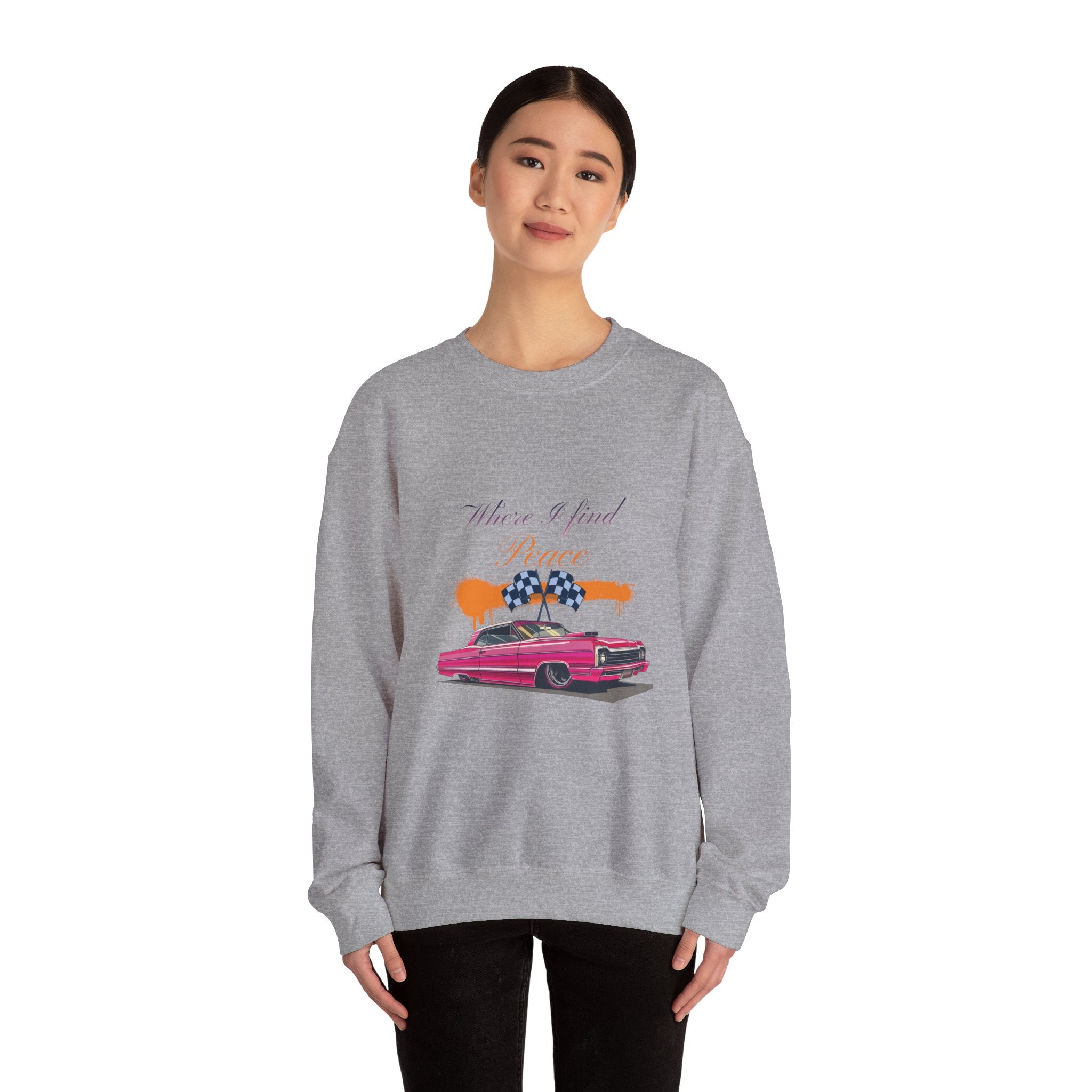Crewneck Sweatshirt — 'Where I Find Peace' Vintage Pink Car Graphic