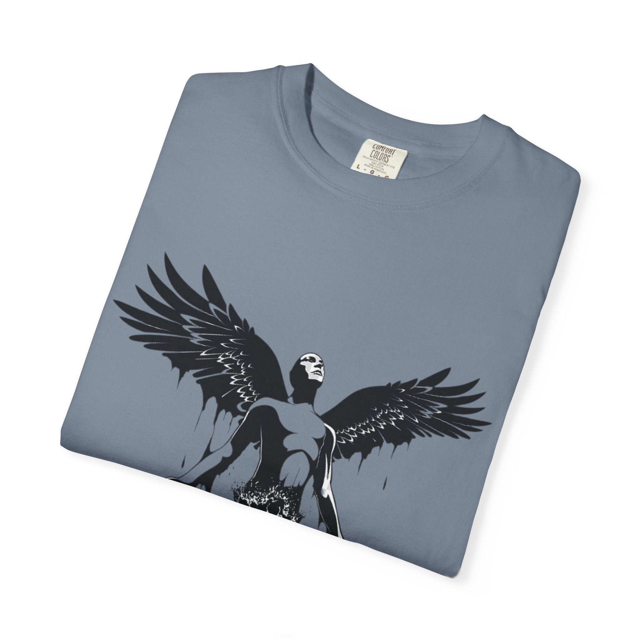 Fallen Angel Graphic T-Shirt — Gothic Winged Figure Tee