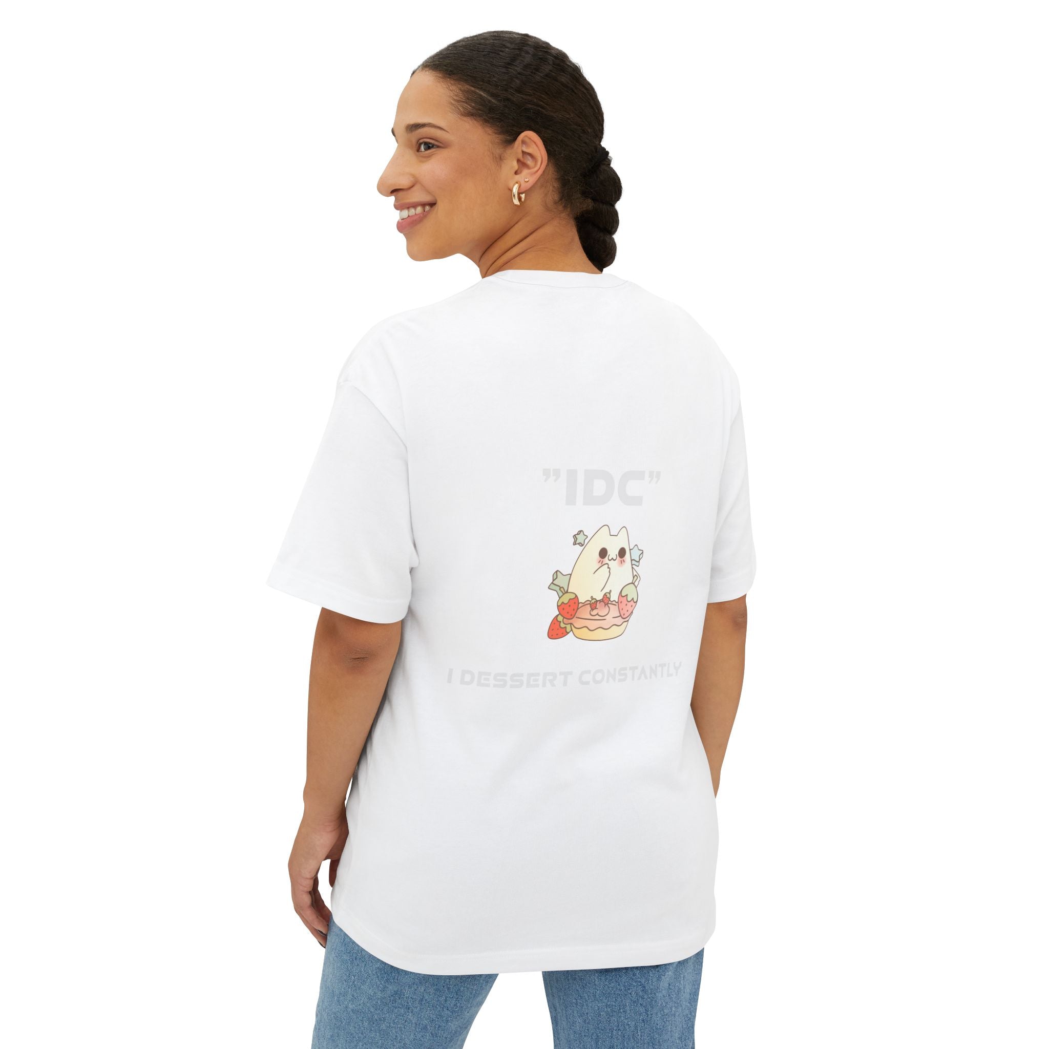 Boxy Tee — Cute 'IDC' Cat Burger Graphic T‑Shirt