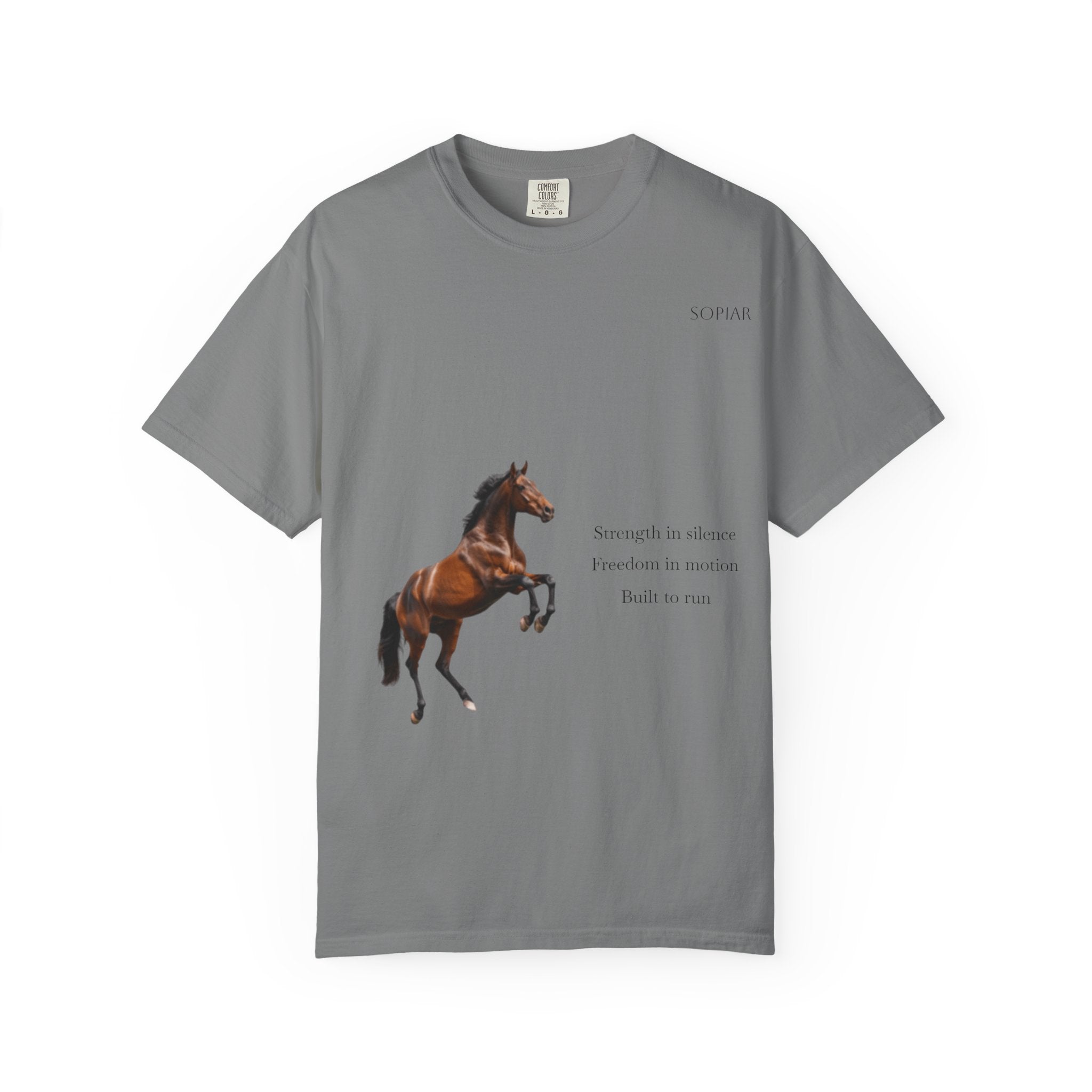 Horse Graphic T-Shirt — Majestic Rearing Stallion Tee with Subtle Text