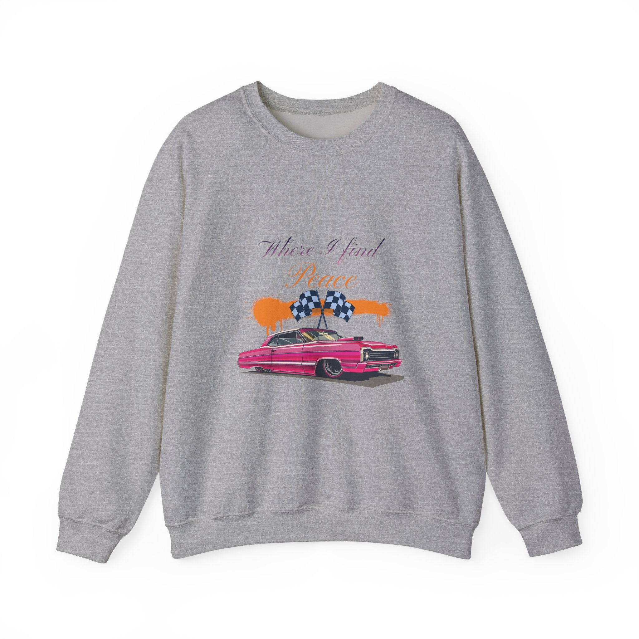 Crewneck Sweatshirt — 'Where I Find Peace' Vintage Pink Car Graphic