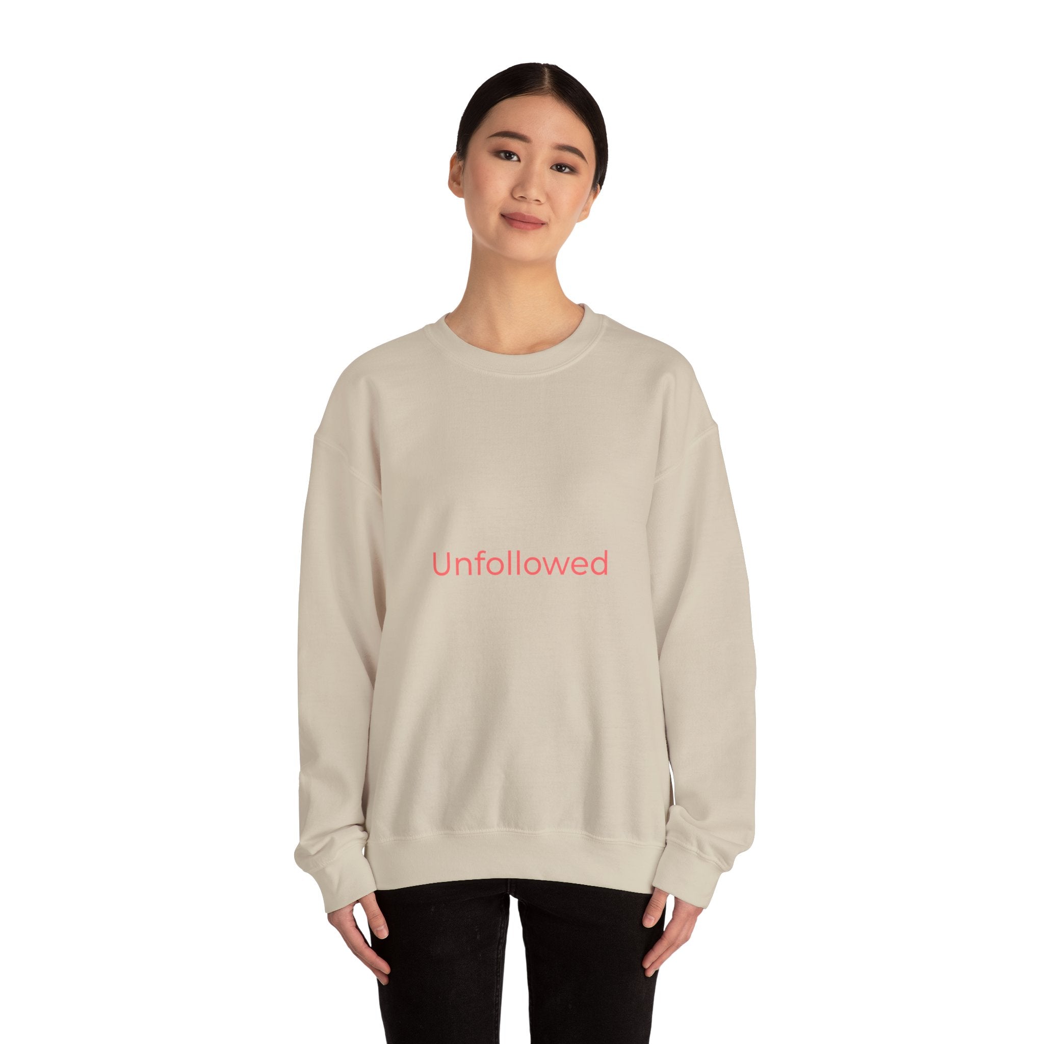 Unfollowed Crewneck Sweatshirt — Minimalist White Pullover with Pink Text