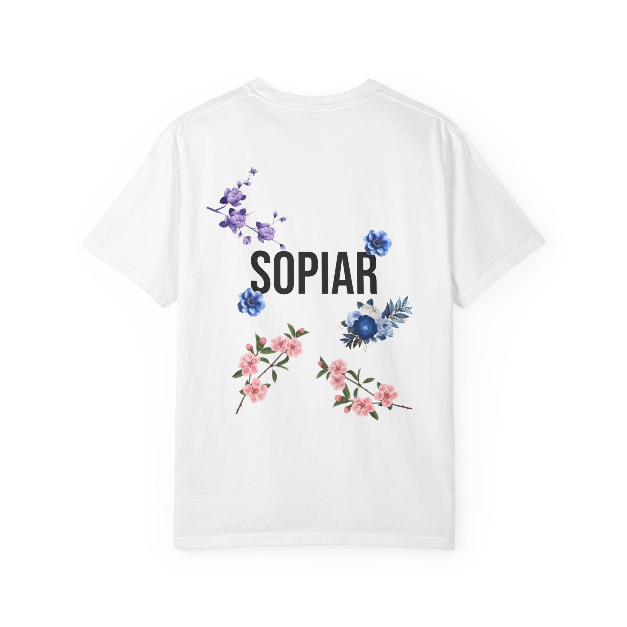 Sopiar Floral Logo T-Shirt — White Graphic Tee with Blue Flowers