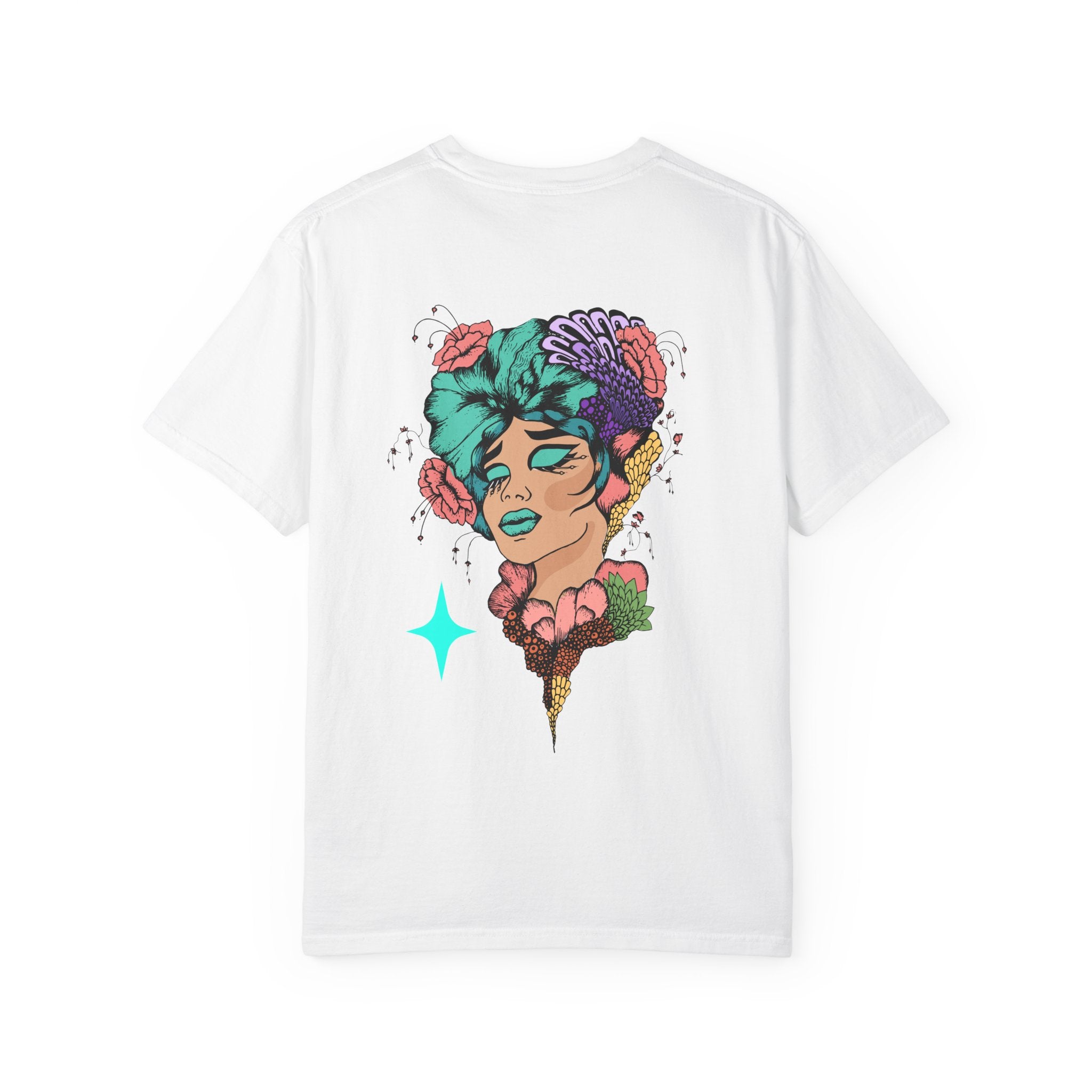 Artistic Floral Portrait T‑Shirt — Surreal Woman with Flowers Graphic