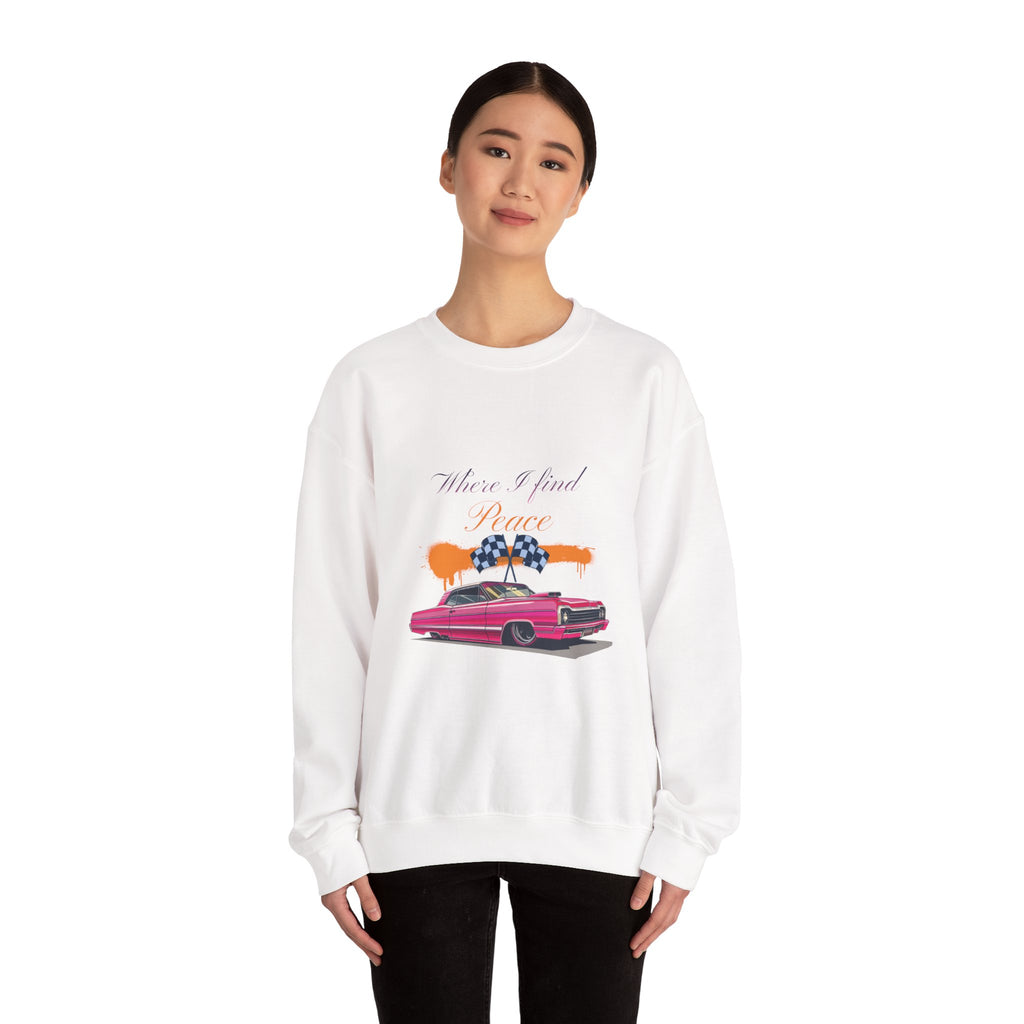 Crewneck Sweatshirt — 'Where I Find Peace' Vintage Pink Car Graphic