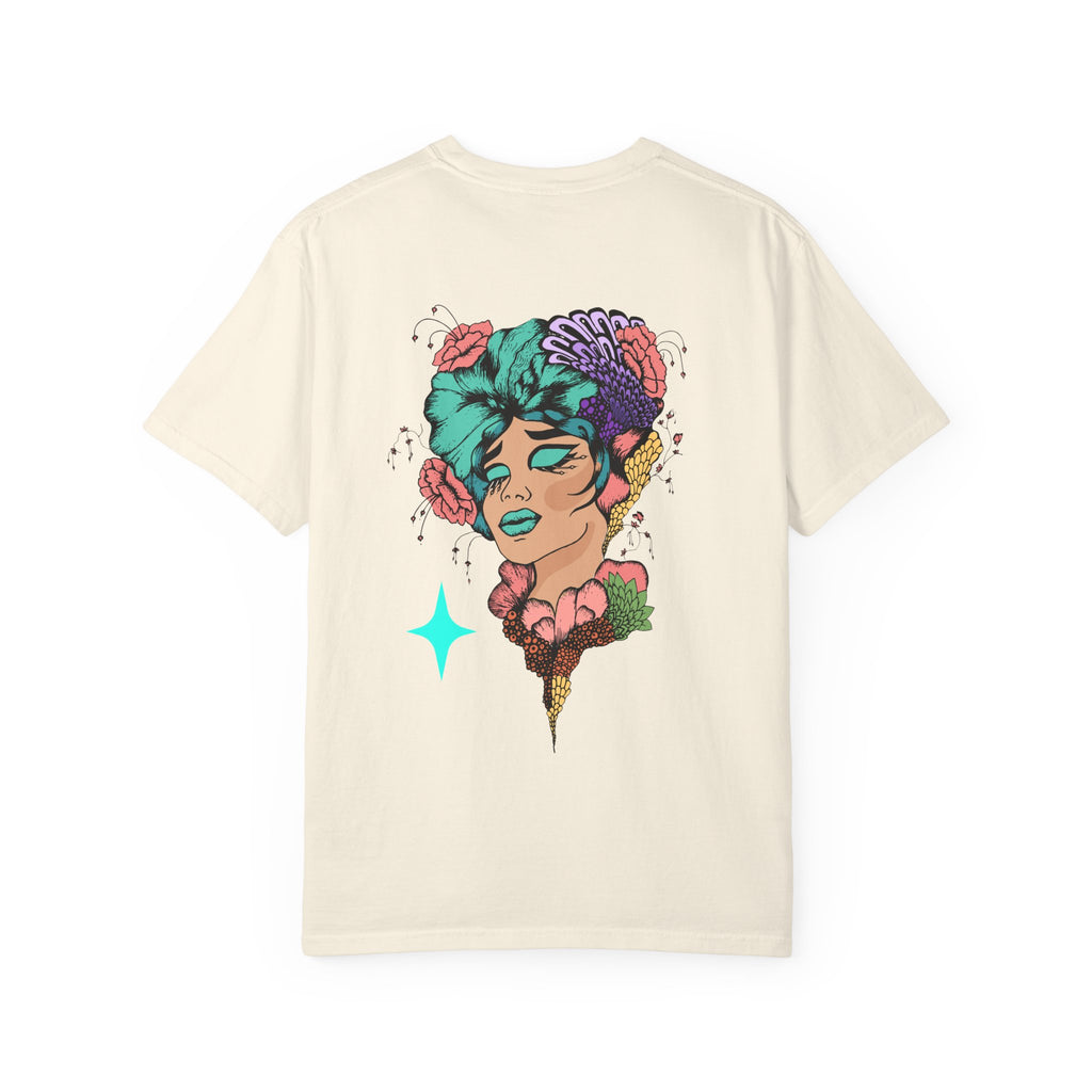 Artistic Floral Portrait T‑Shirt — Surreal Woman with Flowers Graphic