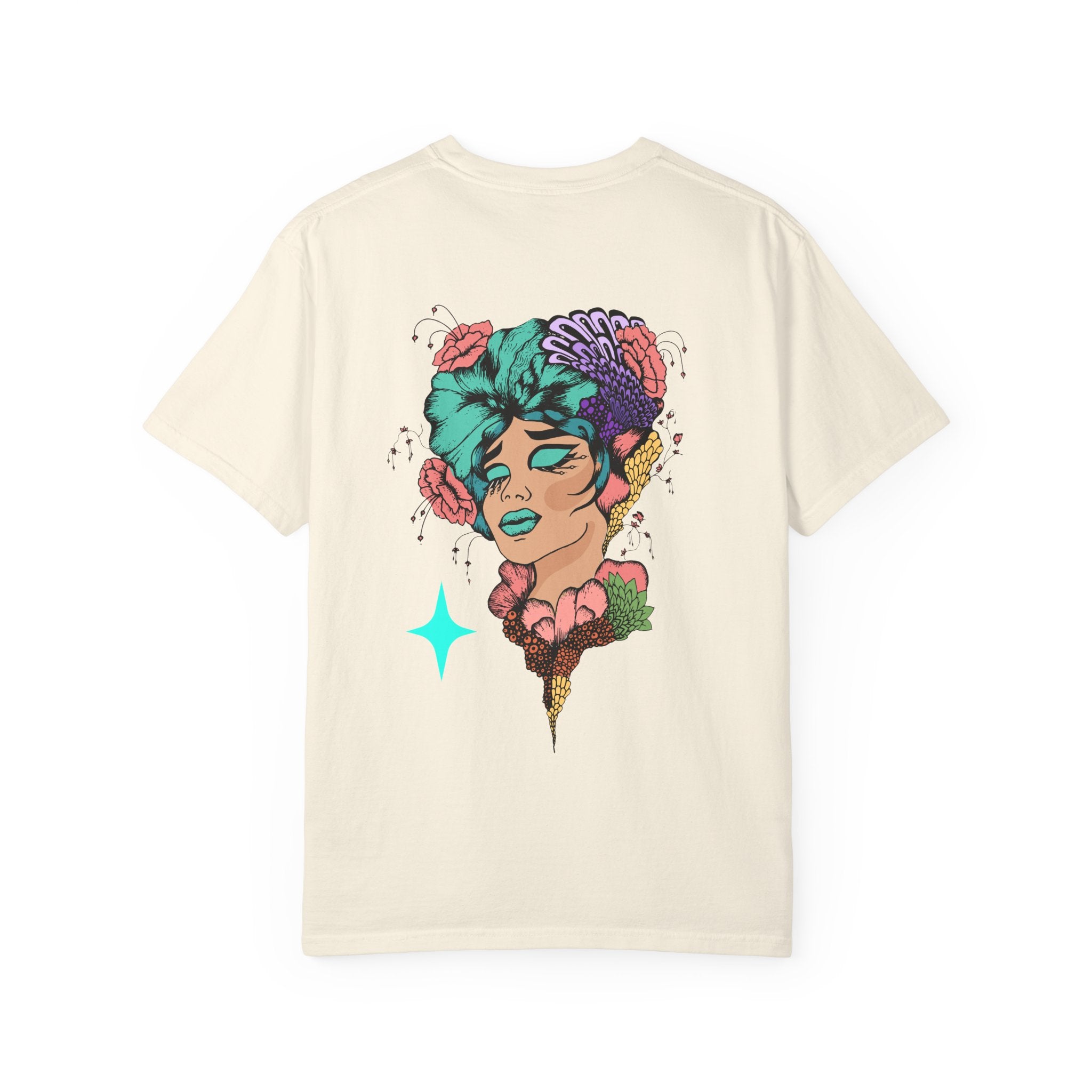 Artistic Floral Portrait T‑Shirt — Surreal Woman with Flowers Graphic