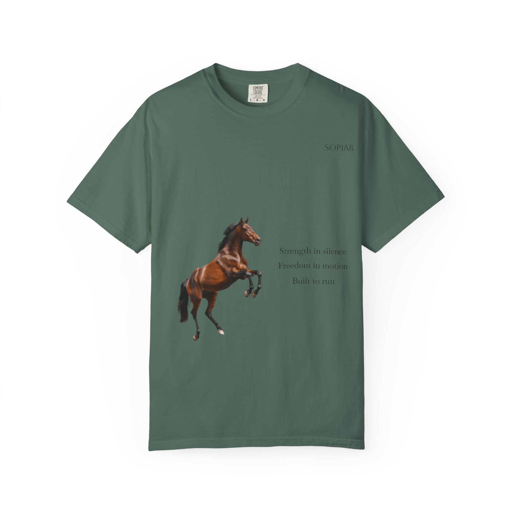 Horse Graphic T-Shirt — Majestic Rearing Stallion Tee with Subtle Text