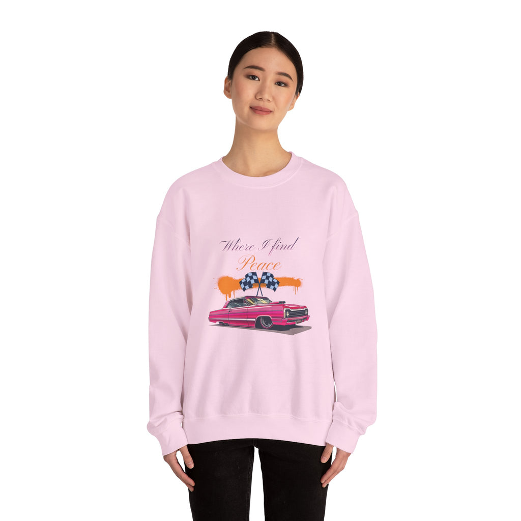 Crewneck Sweatshirt — 'Where I Find Peace' Vintage Pink Car Graphic