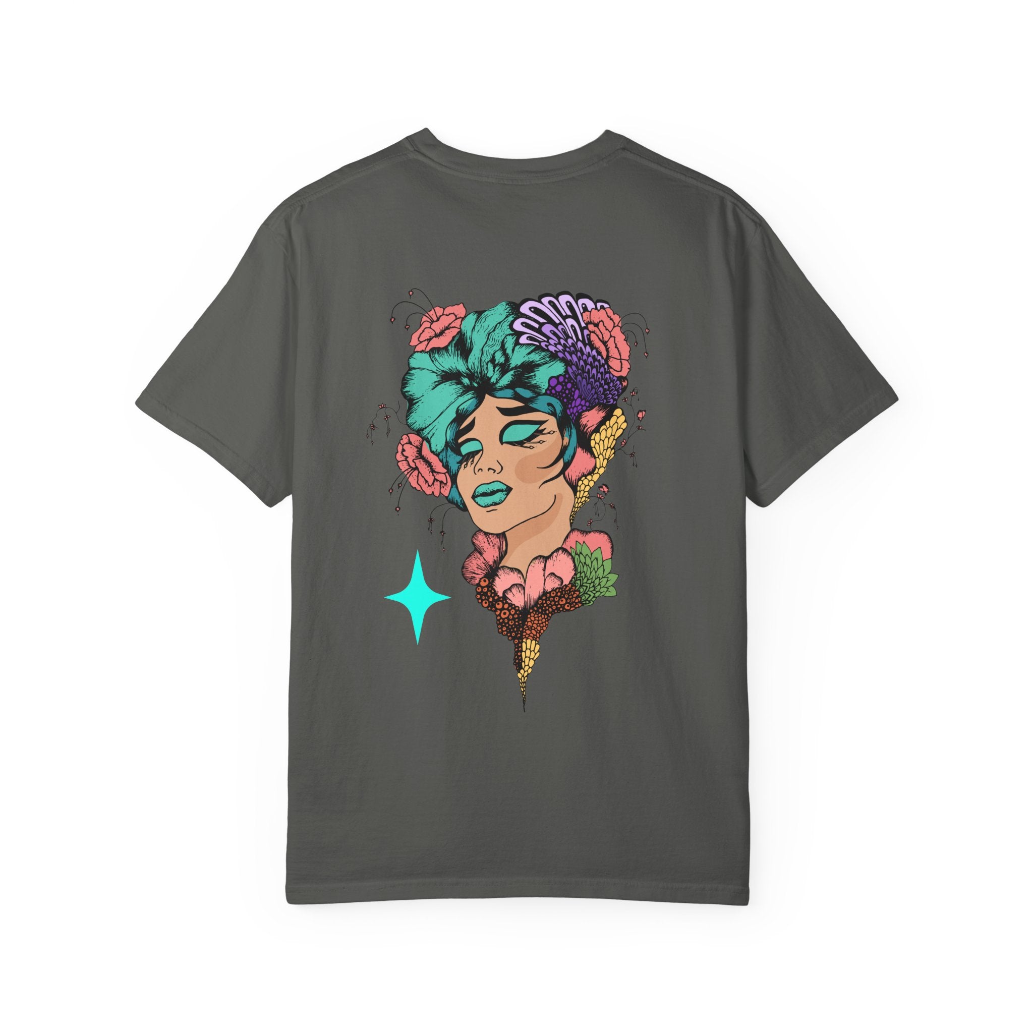 Artistic Floral Portrait T‑Shirt — Surreal Woman with Flowers Graphic