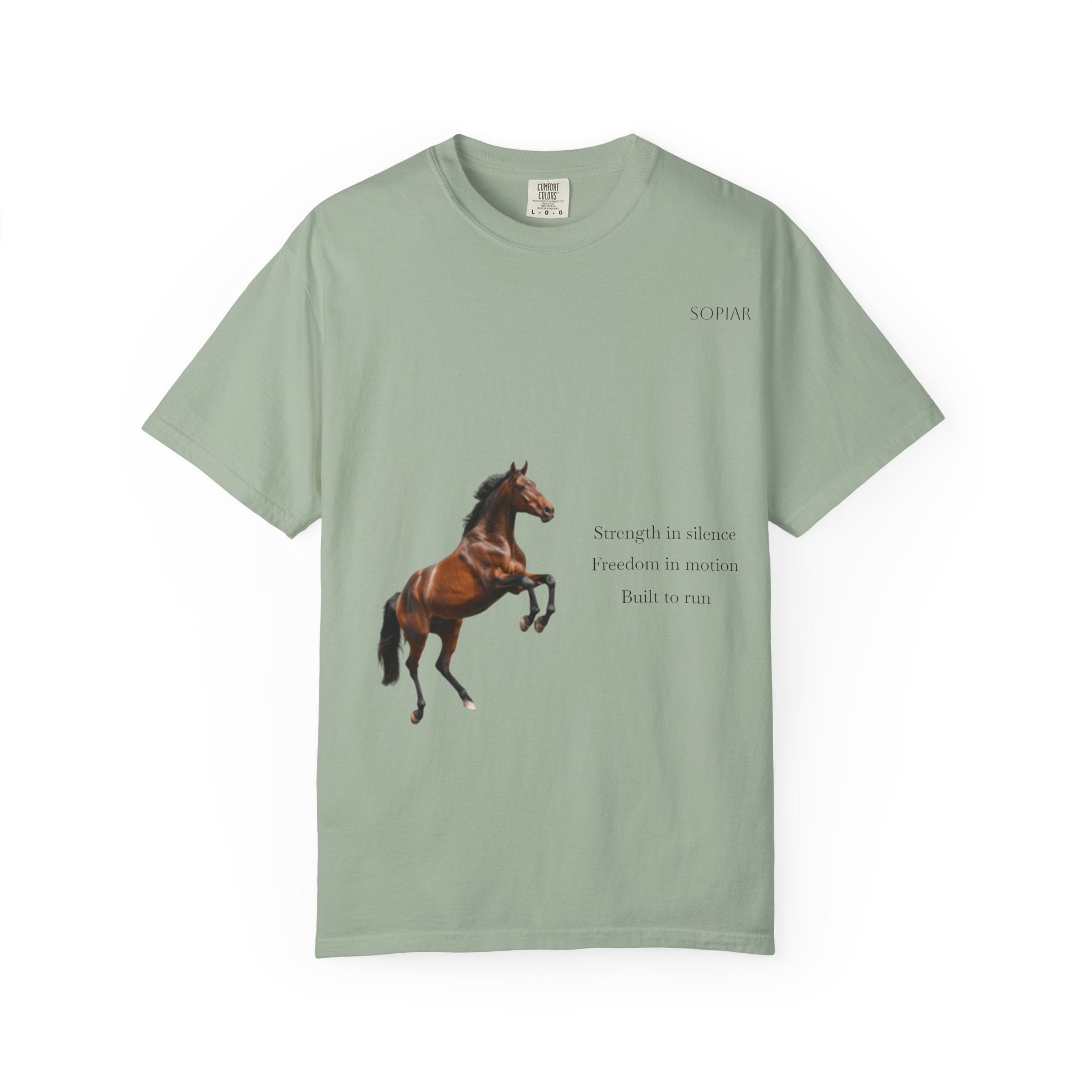 Horse Graphic T-Shirt — Majestic Rearing Stallion Tee with Subtle Text