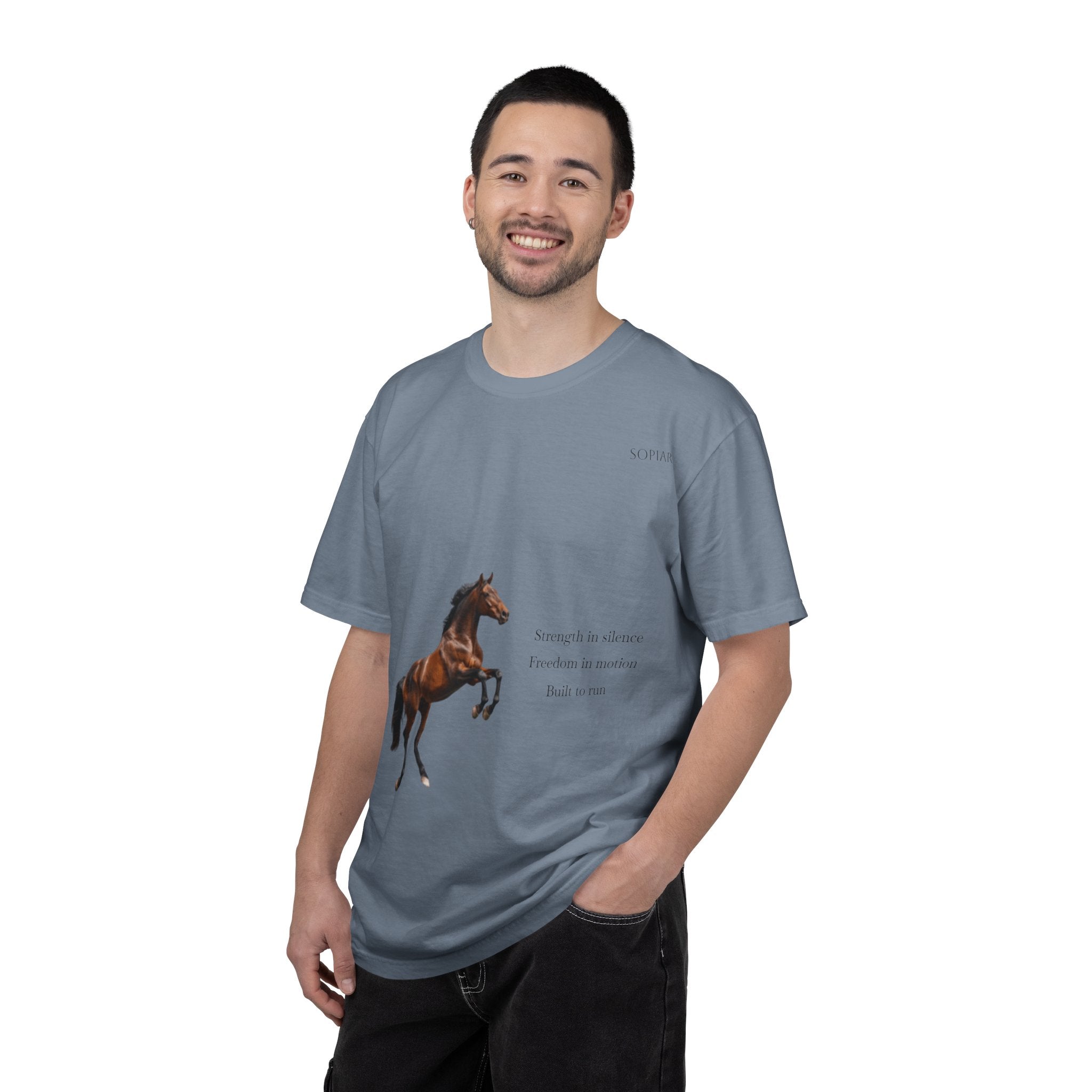 Horse Graphic T-Shirt — Majestic Rearing Stallion Tee with Subtle Text