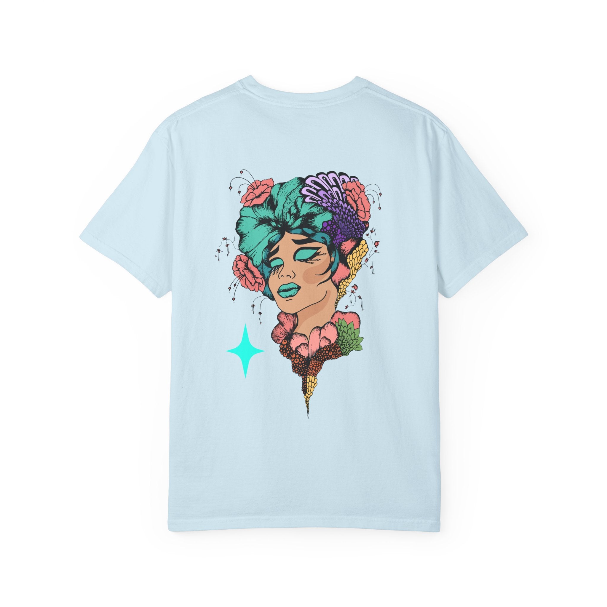 Artistic Floral Portrait T‑Shirt — Surreal Woman with Flowers Graphic