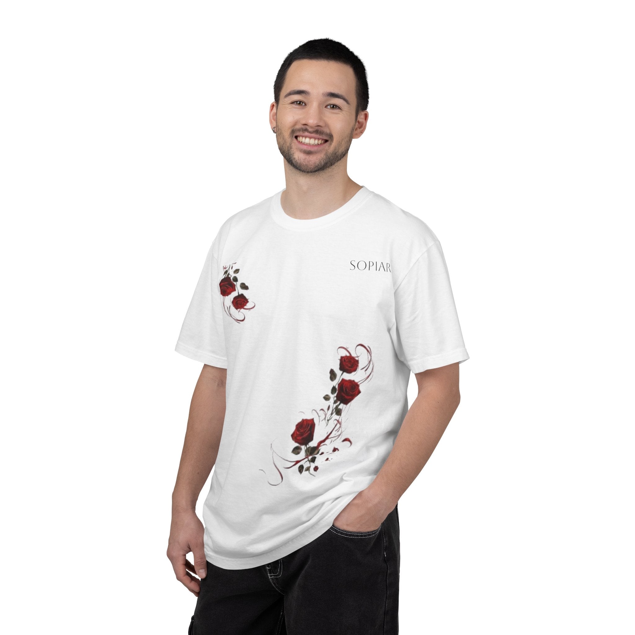 Rose Corner Graphic T-Shirt — Red Rose Floral Tee