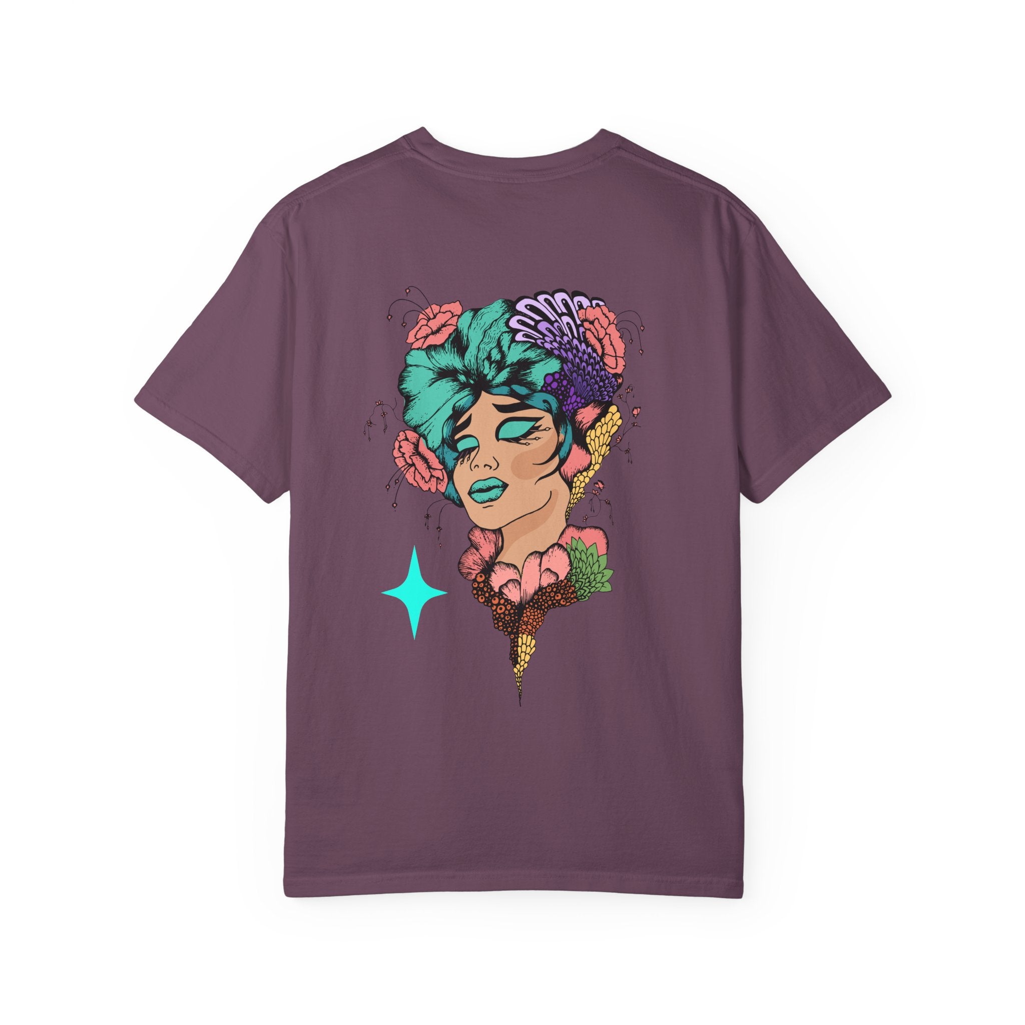 Artistic Floral Portrait T‑Shirt — Surreal Woman with Flowers Graphic