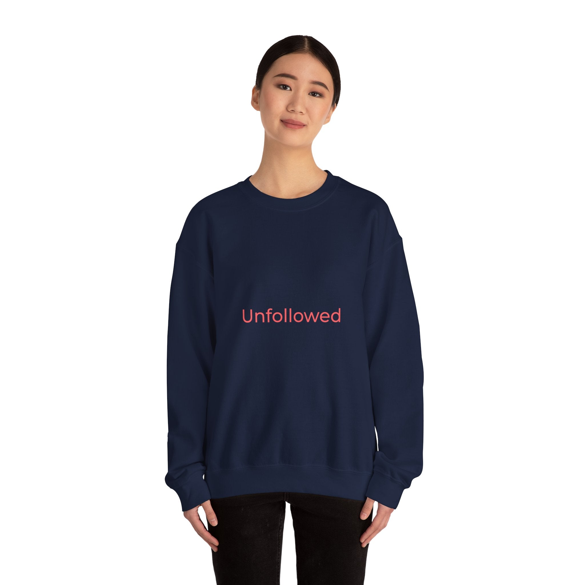 Unfollowed Crewneck Sweatshirt — Minimalist White Pullover with Pink Text