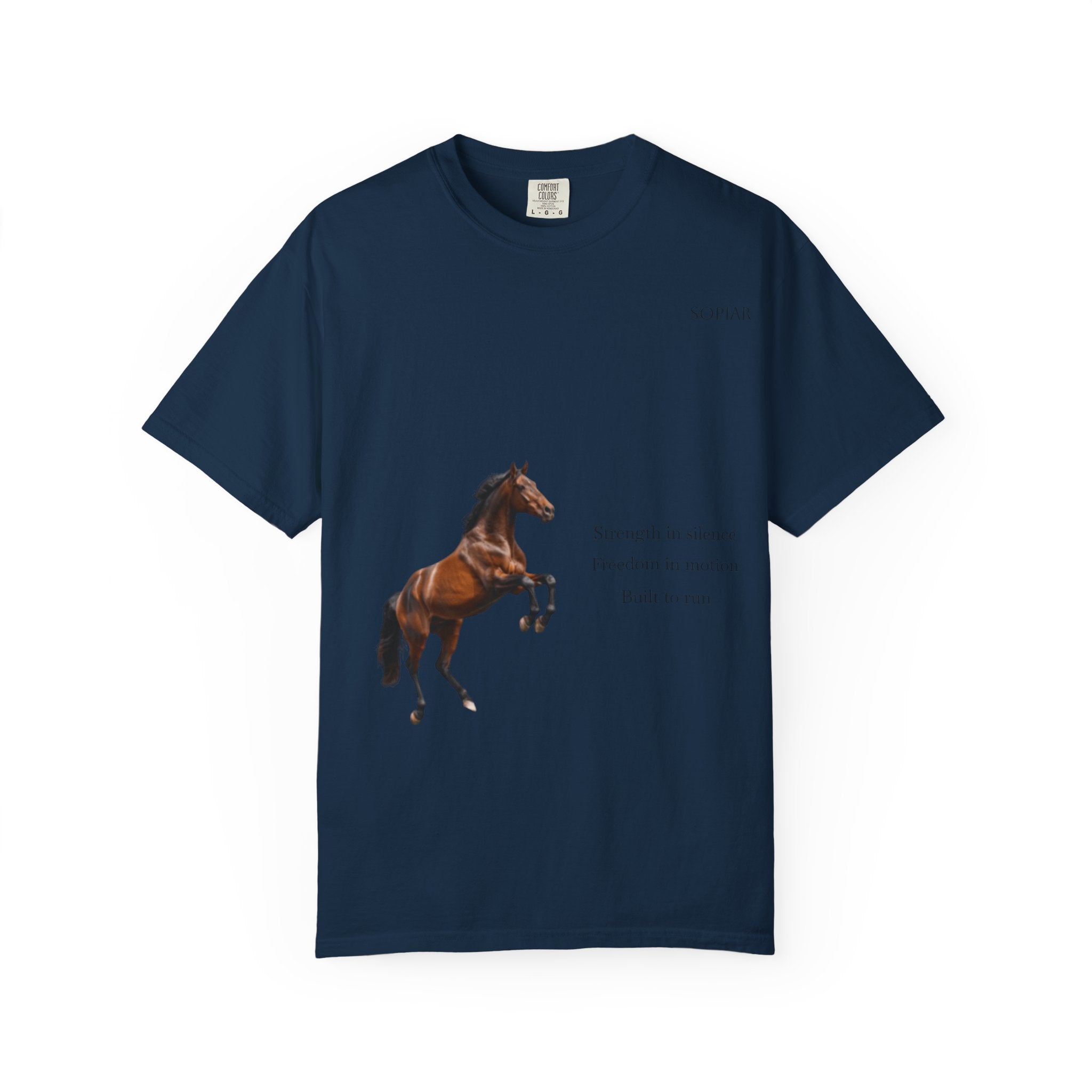 Horse Graphic T-Shirt — Majestic Rearing Stallion Tee with Subtle Text