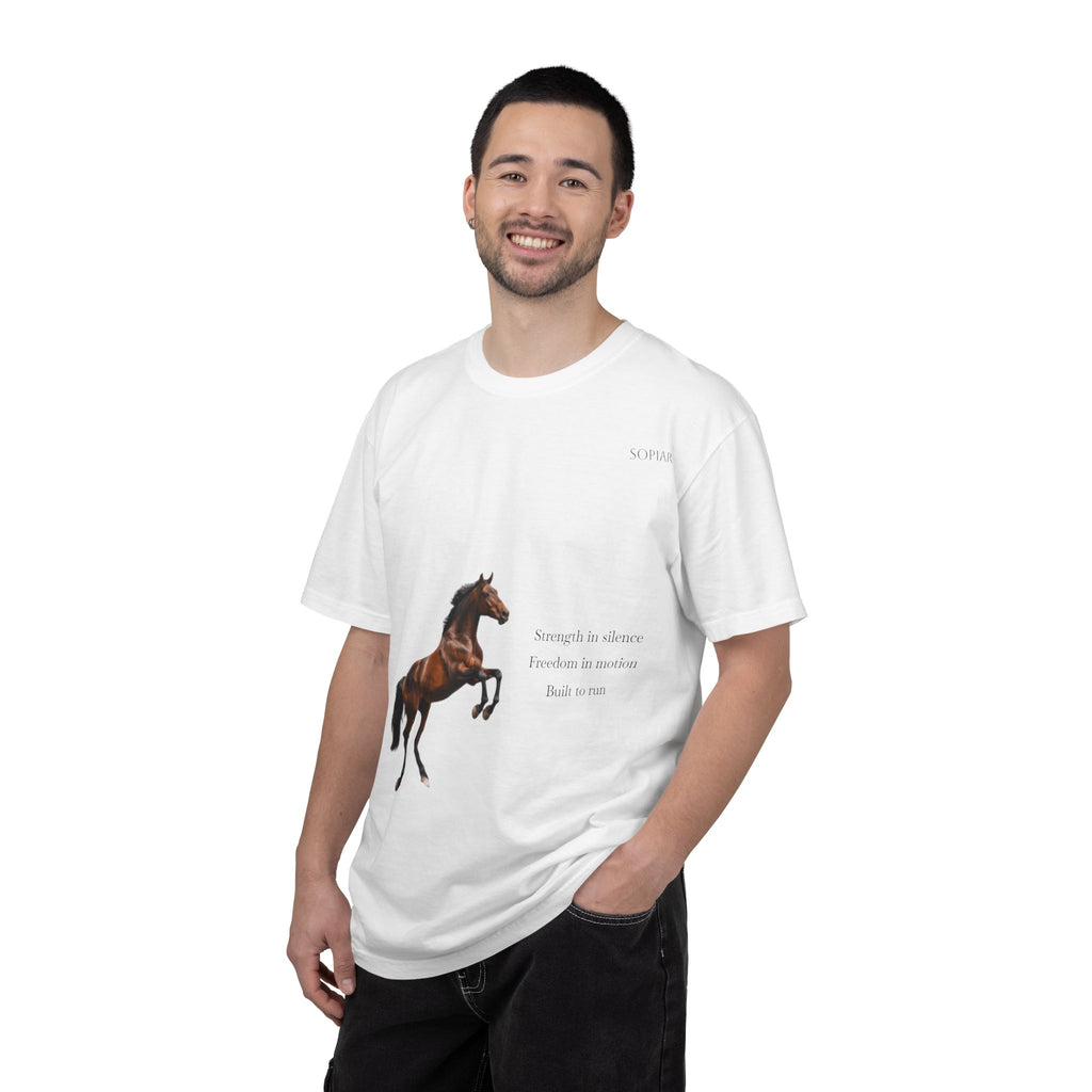 Horse Graphic T-Shirt — Majestic Rearing Stallion Tee with Subtle Text