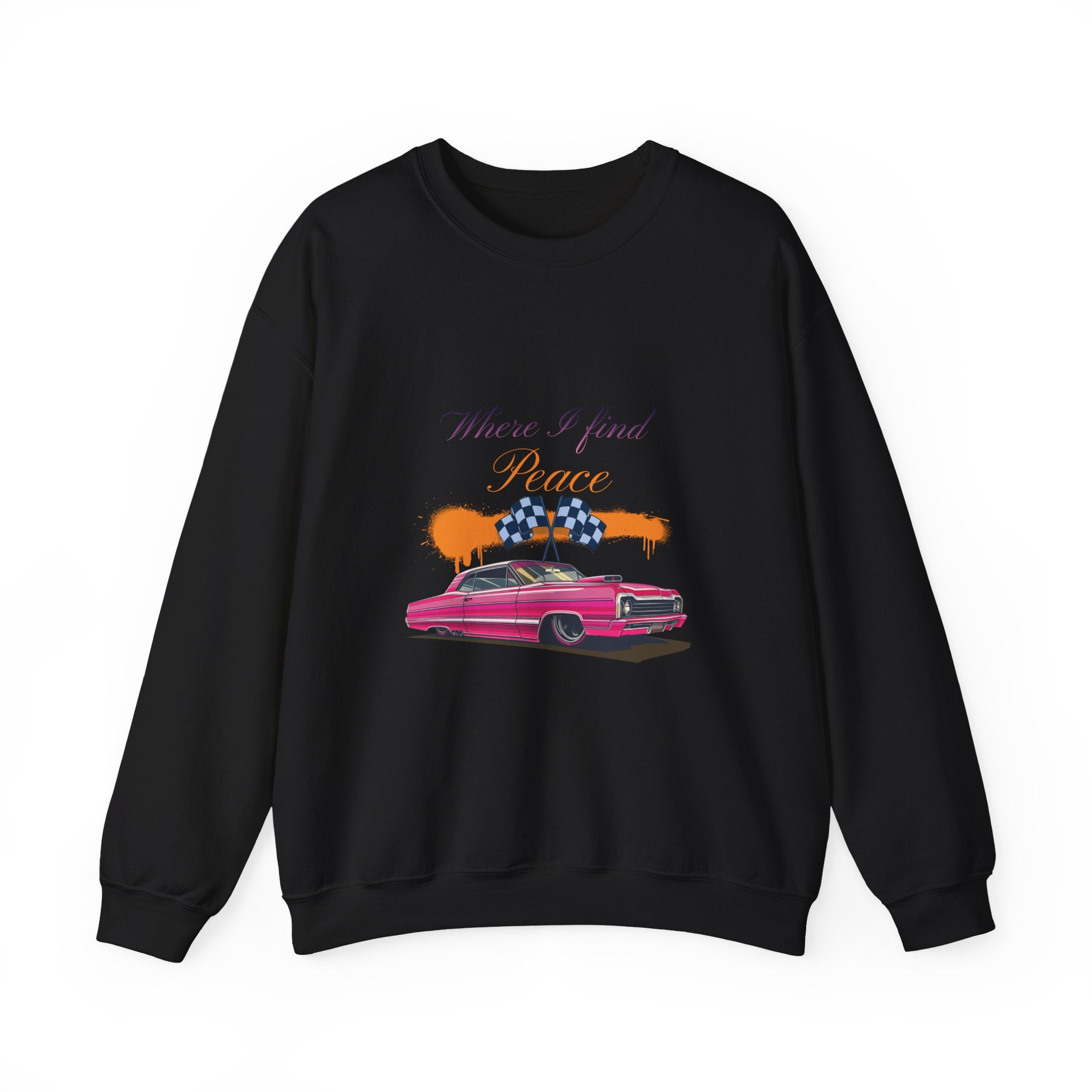 Crewneck Sweatshirt — 'Where I Find Peace' Vintage Pink Car Graphic