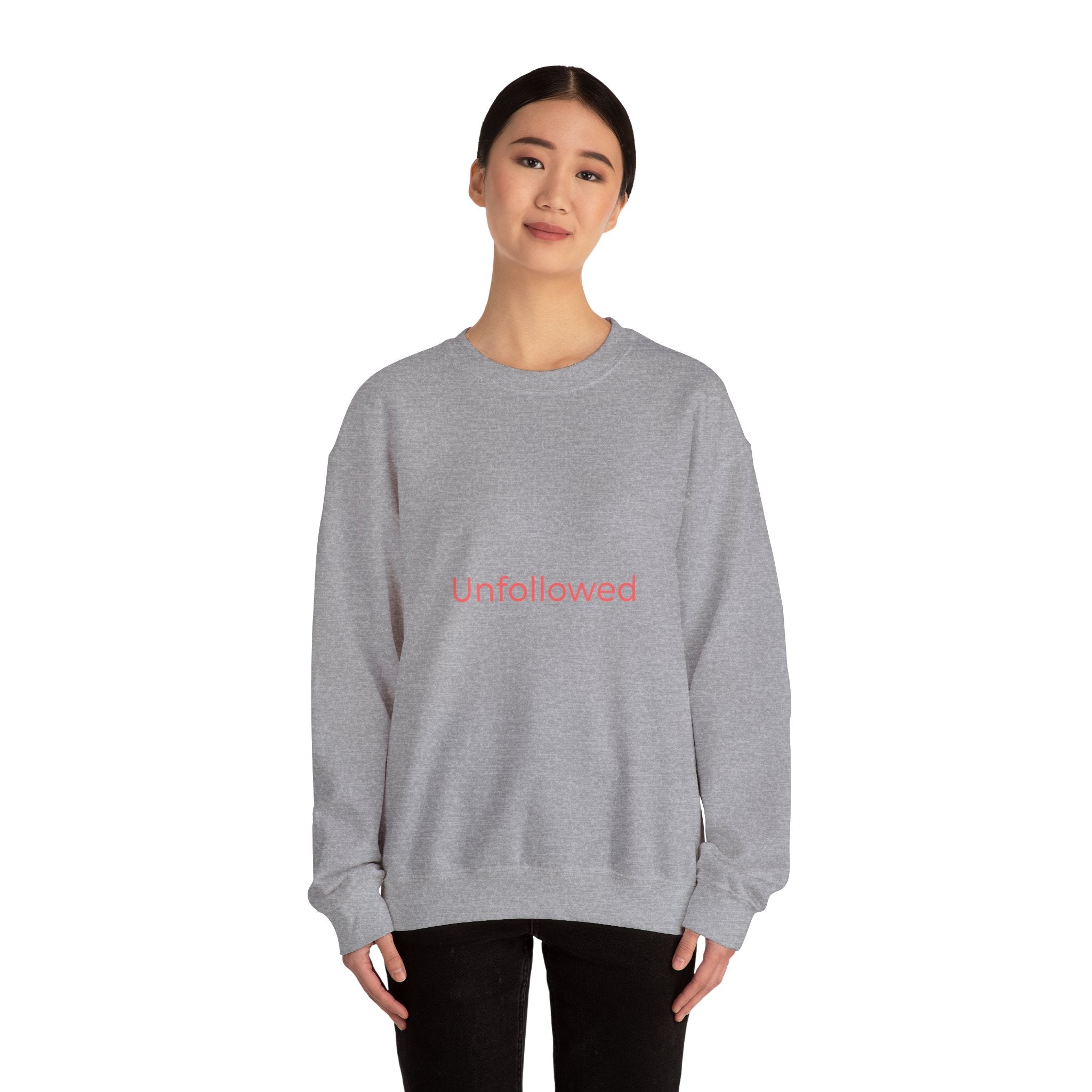 Unfollowed Crewneck Sweatshirt — Minimalist White Pullover with Pink Text