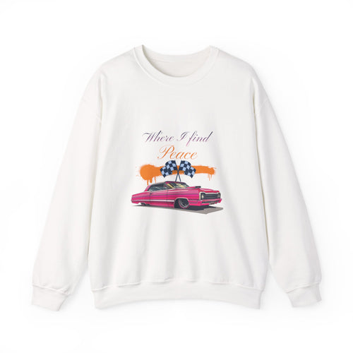 Crewneck Sweatshirt — 'Where I Find Peace' Vintage Pink Car Graphic