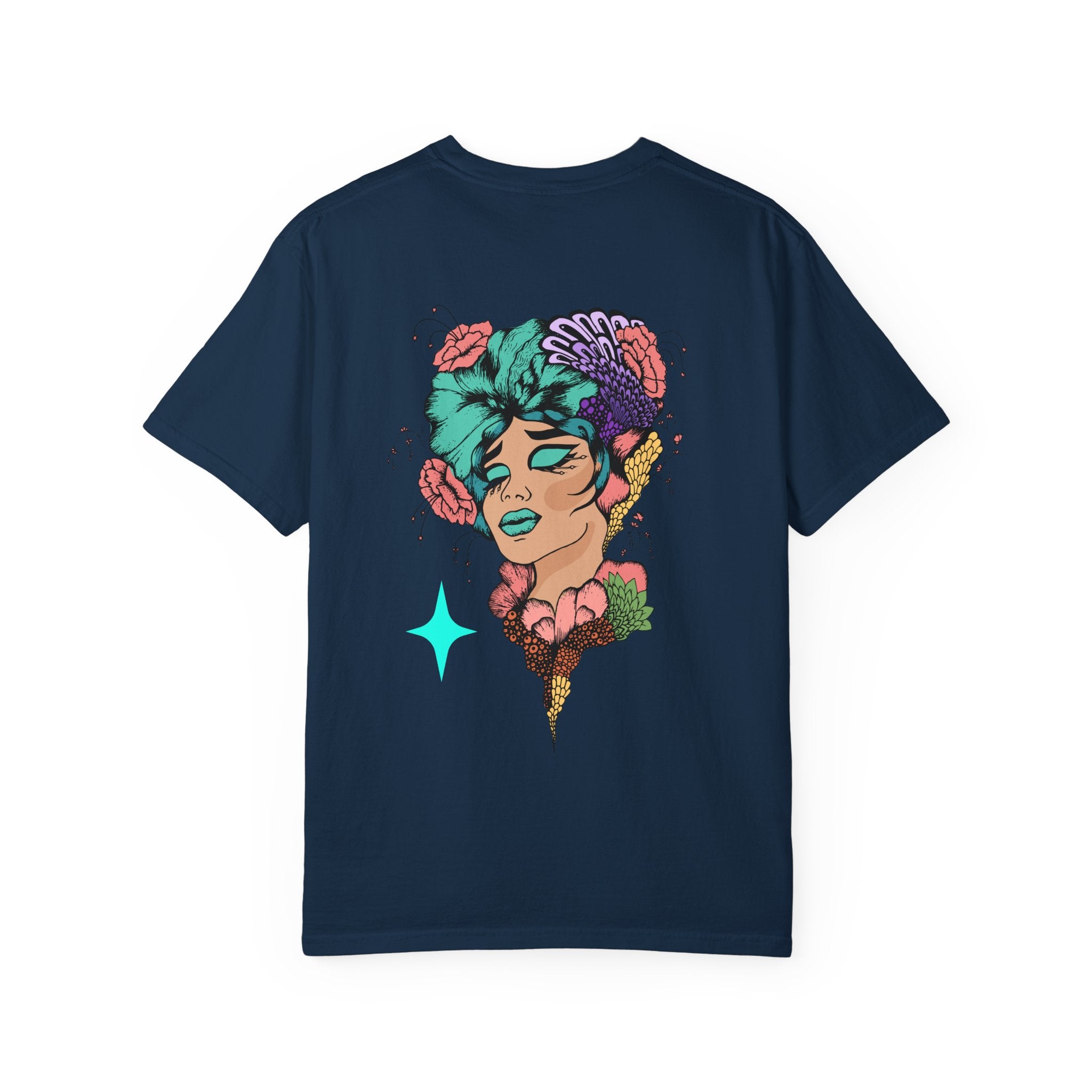 Artistic Floral Portrait T‑Shirt — Surreal Woman with Flowers Graphic