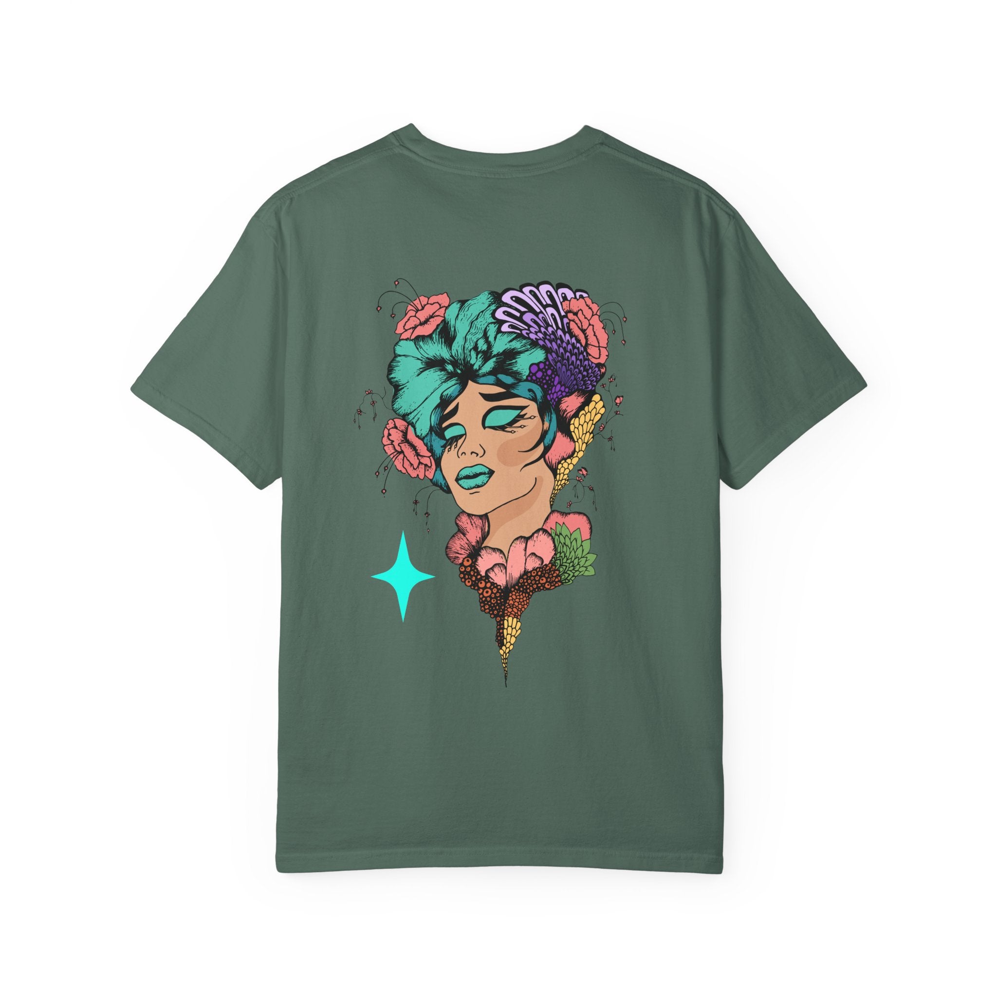 Artistic Floral Portrait T‑Shirt — Surreal Woman with Flowers Graphic