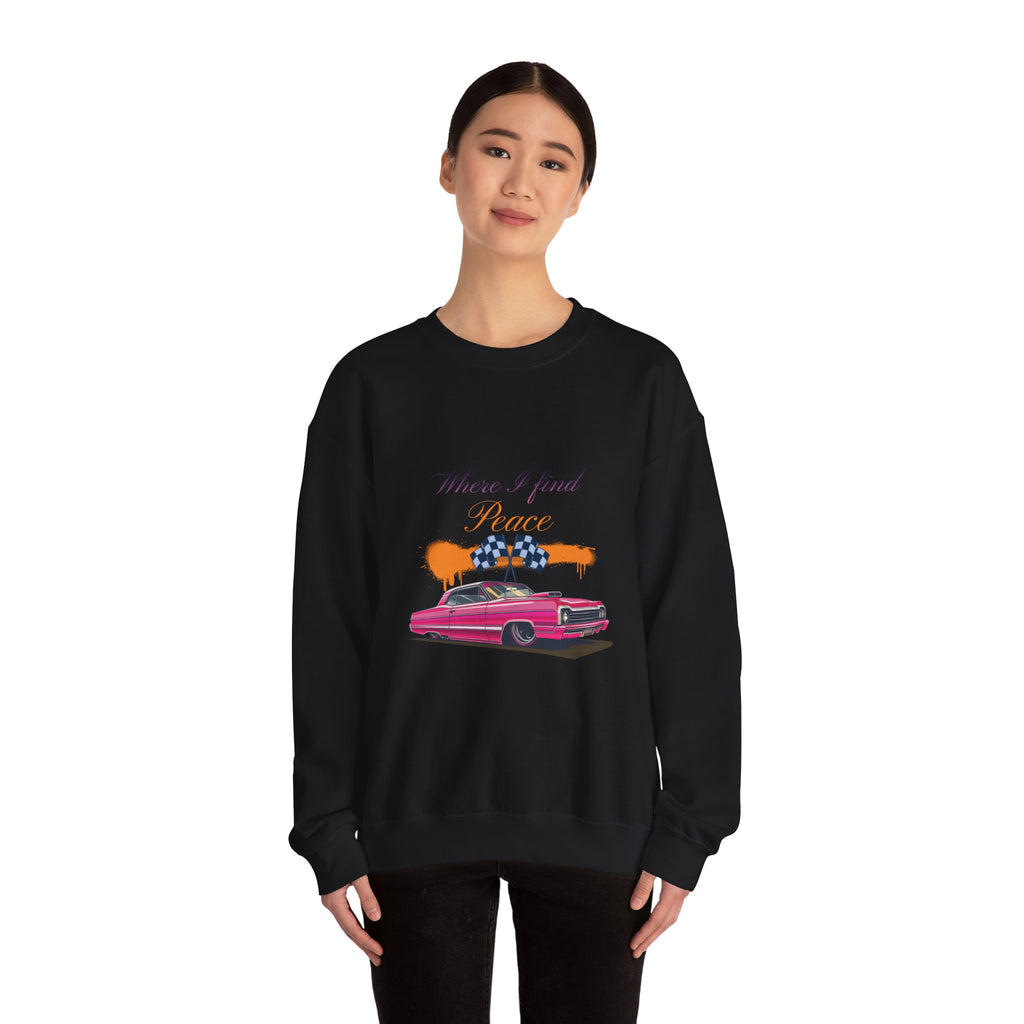 Crewneck Sweatshirt — 'Where I Find Peace' Vintage Pink Car Graphic
