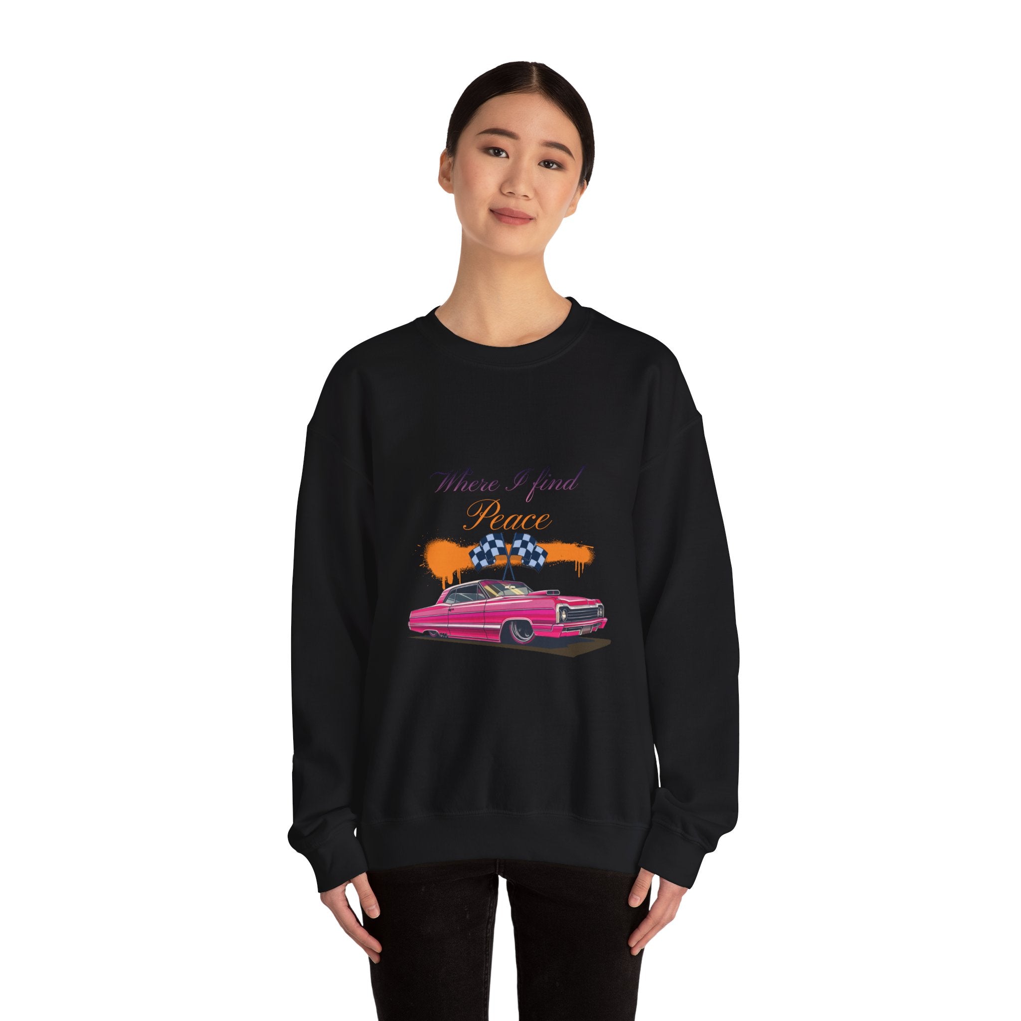 Crewneck Sweatshirt — 'Where I Find Peace' Vintage Pink Car Graphic