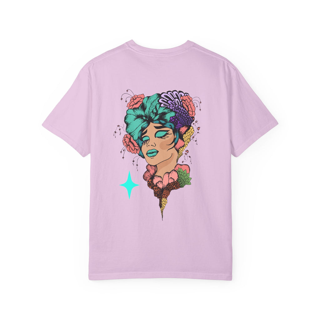 Artistic Floral Portrait T‑Shirt — Surreal Woman with Flowers Graphic