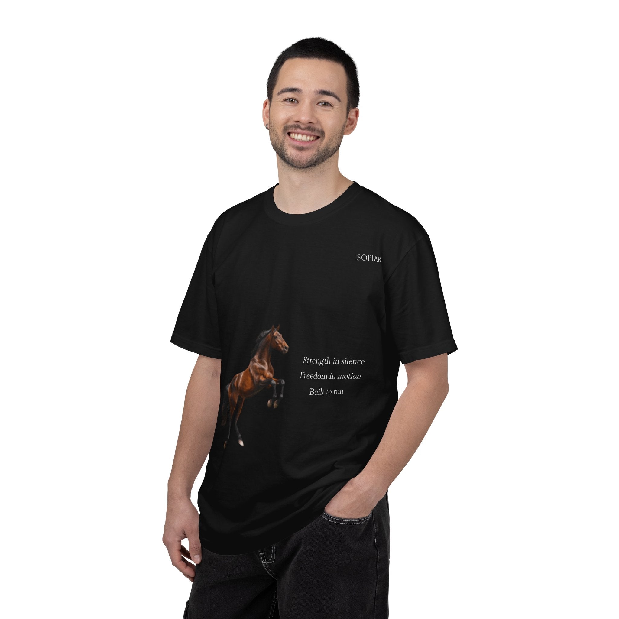 Horse Graphic T-Shirt — Majestic Rearing Stallion Tee with Subtle Text