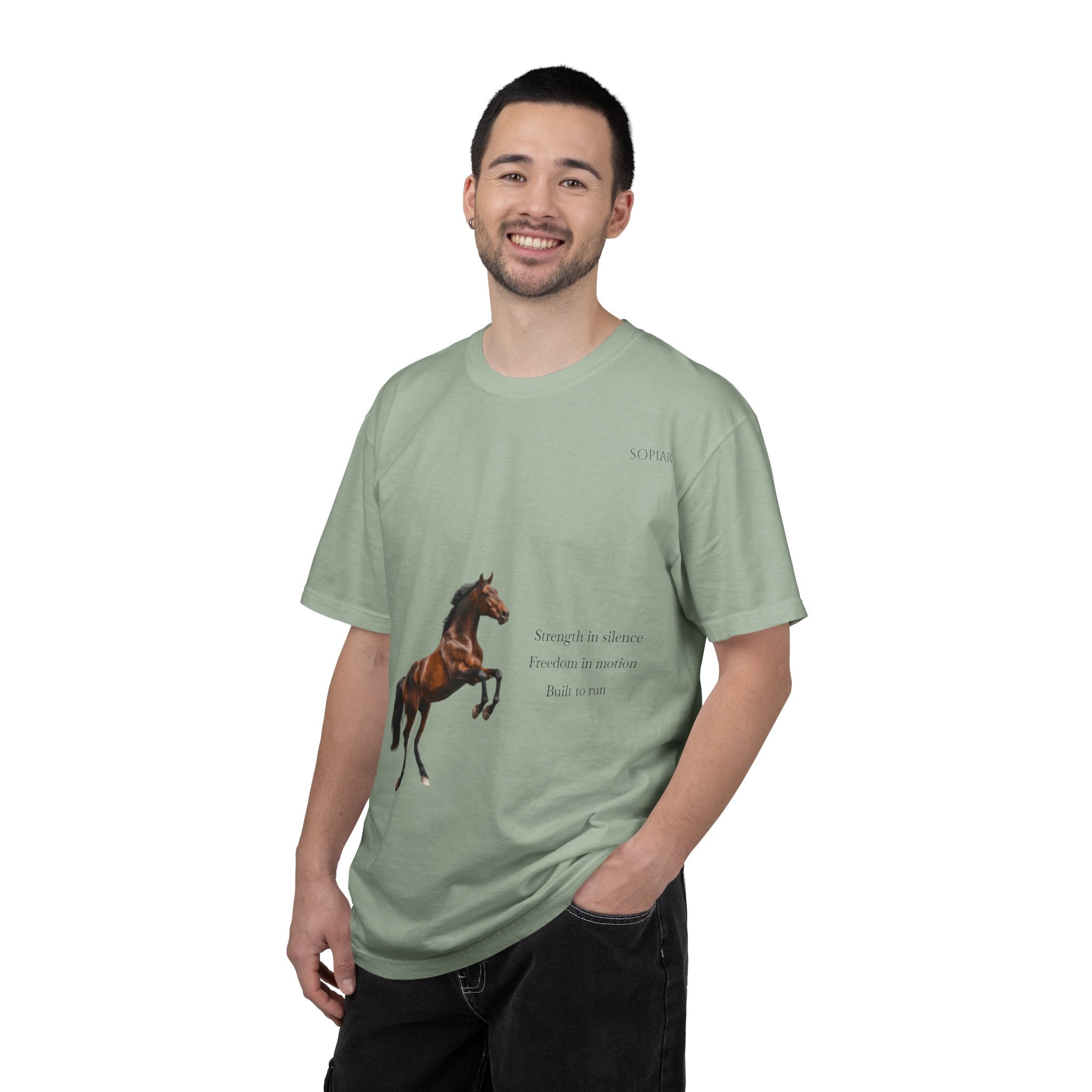 Horse Graphic T-Shirt — Majestic Rearing Stallion Tee with Subtle Text