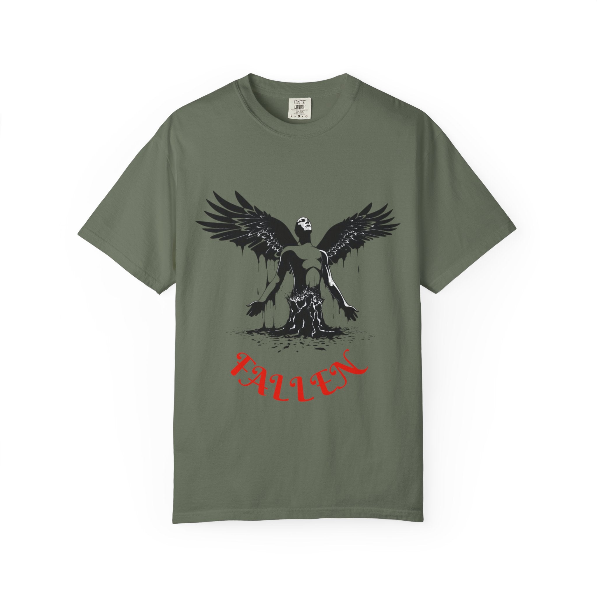 Fallen Angel Graphic T-Shirt — Gothic Winged Figure Tee