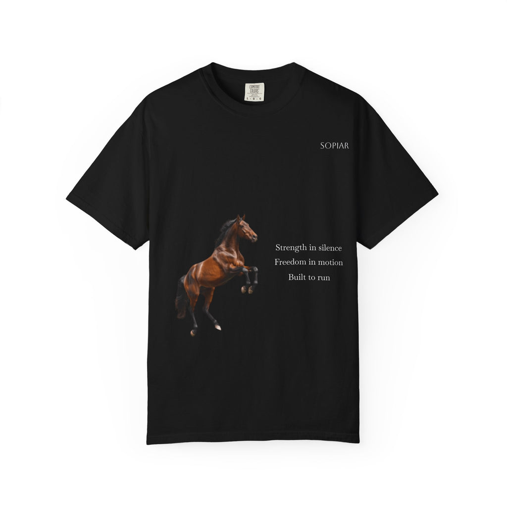 Horse Graphic T-Shirt — Majestic Rearing Stallion Tee with Subtle Text