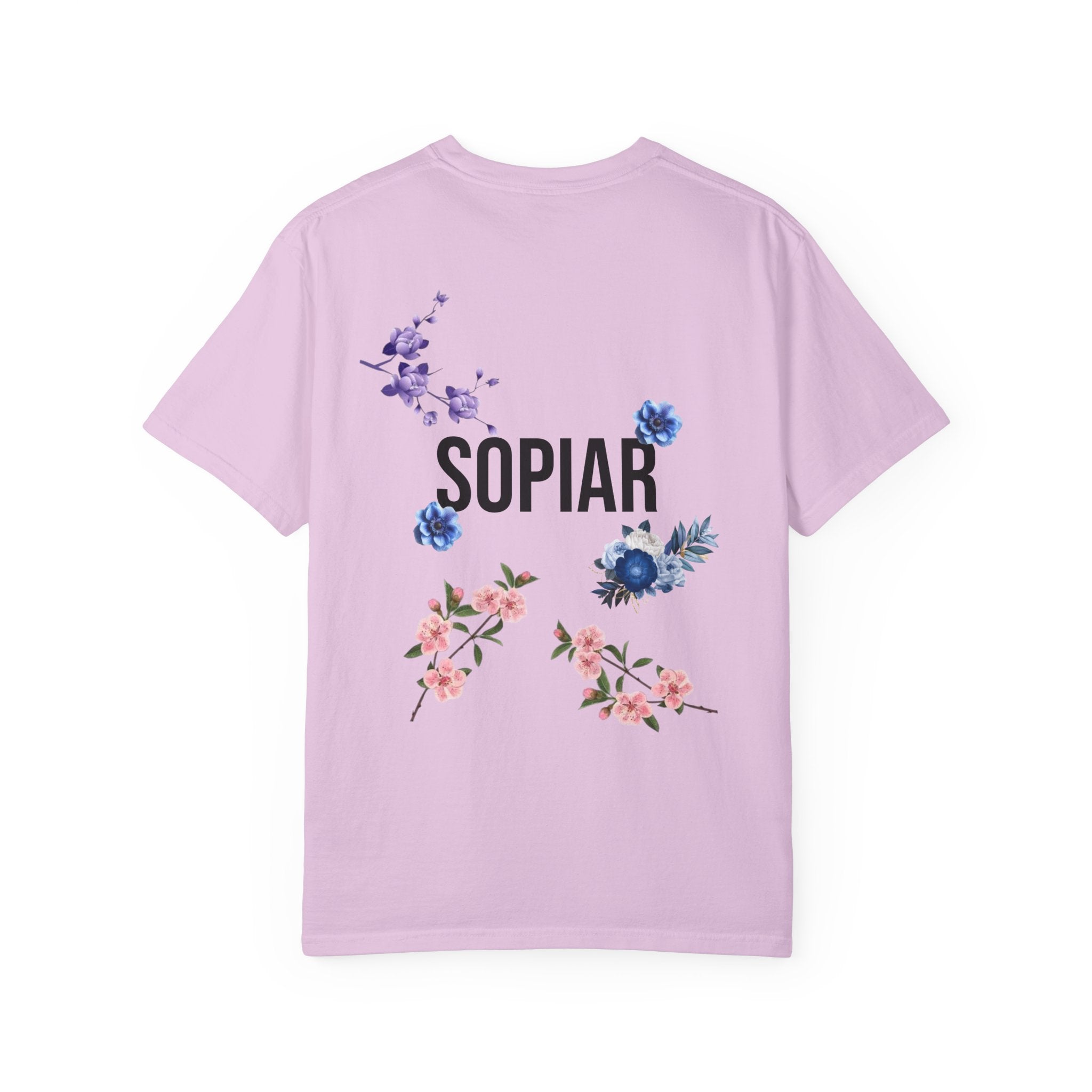 Sopiar Floral Logo T-Shirt — White Graphic Tee with Blue Flowers