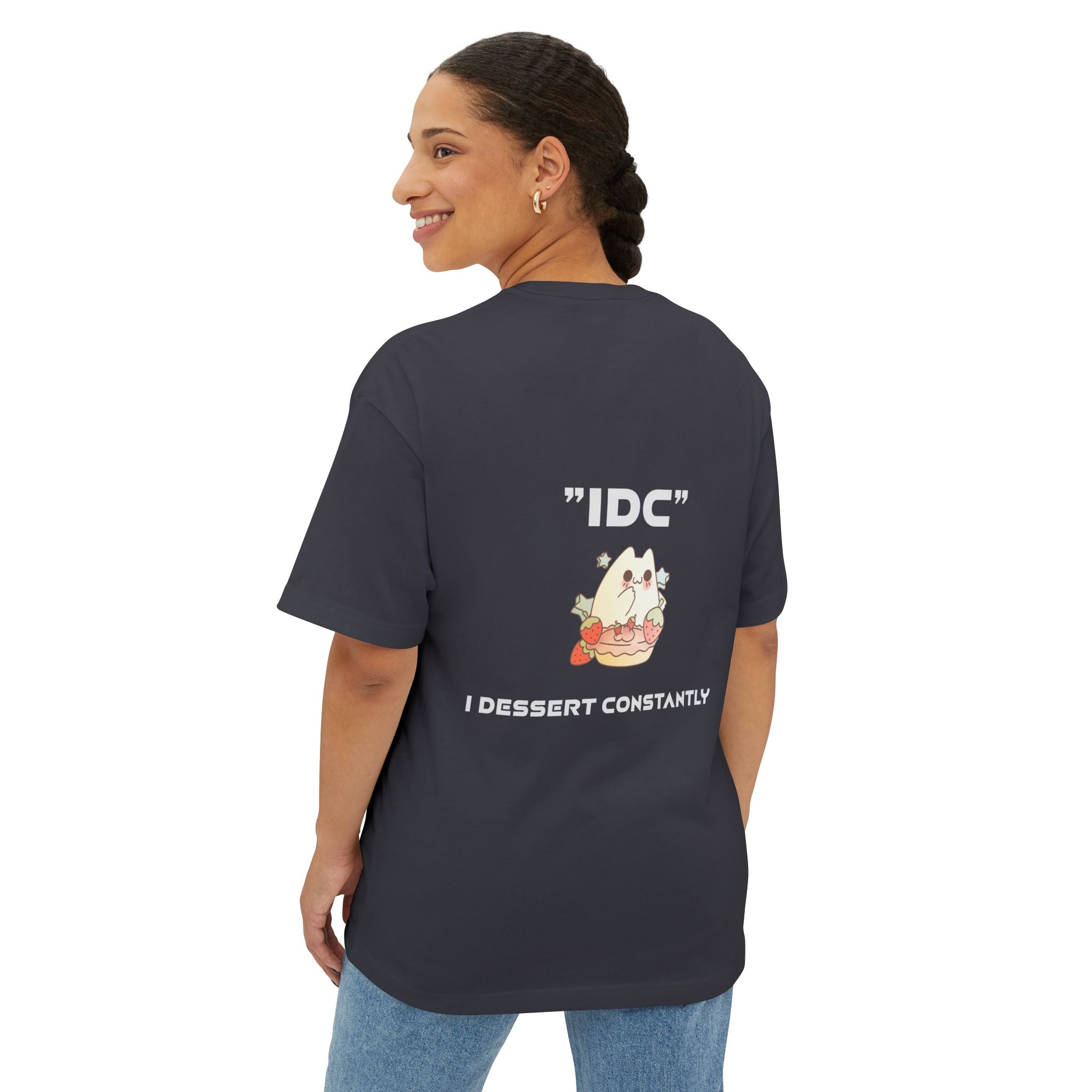 Boxy Tee — Cute 'IDC' Cat Burger Graphic T‑Shirt