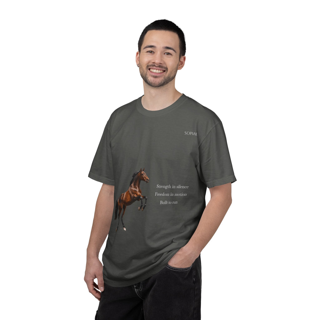 Horse Graphic T-Shirt — Majestic Rearing Stallion Tee with Subtle Text