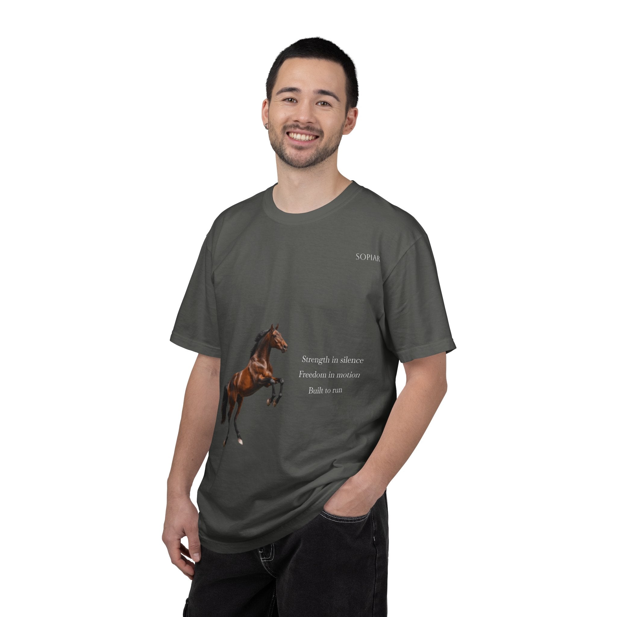 Horse Graphic T-Shirt — Majestic Rearing Stallion Tee with Subtle Text