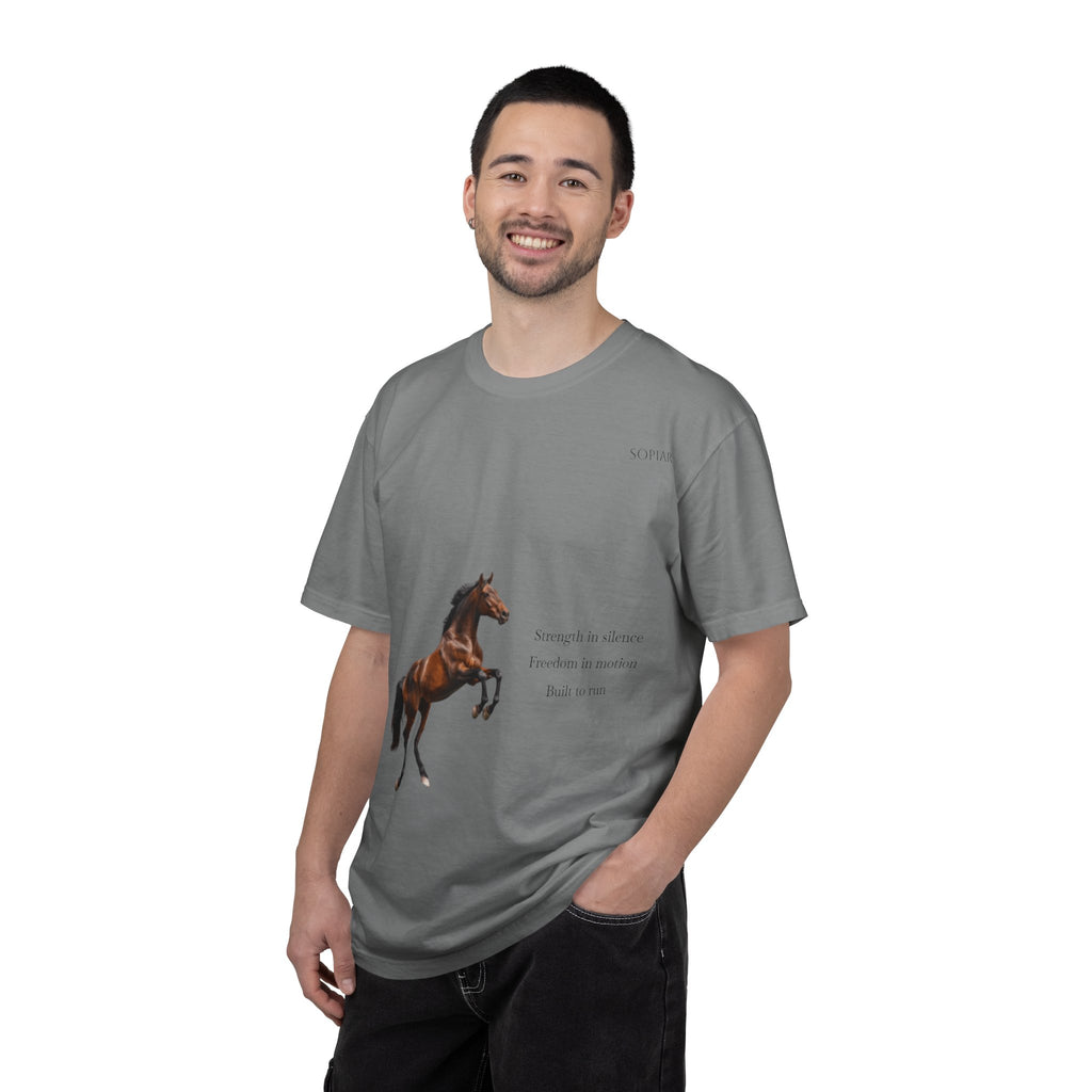 Horse Graphic T-Shirt — Majestic Rearing Stallion Tee with Subtle Text