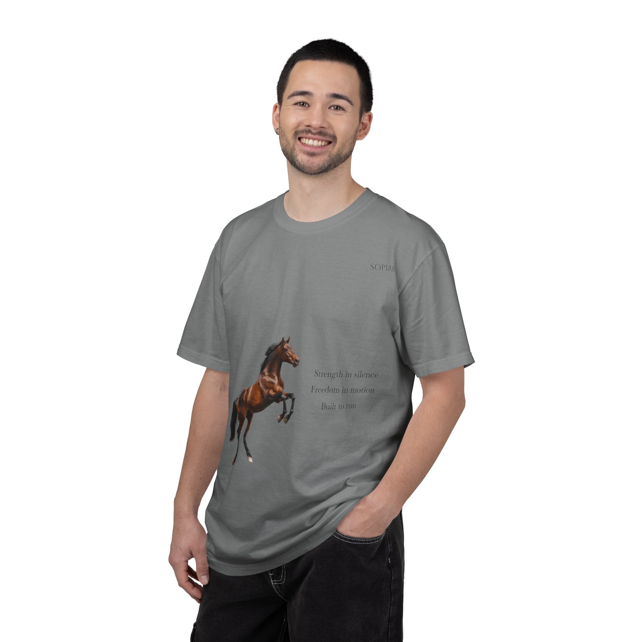 Horse Graphic T-Shirt — Majestic Rearing Stallion Tee with Subtle Text