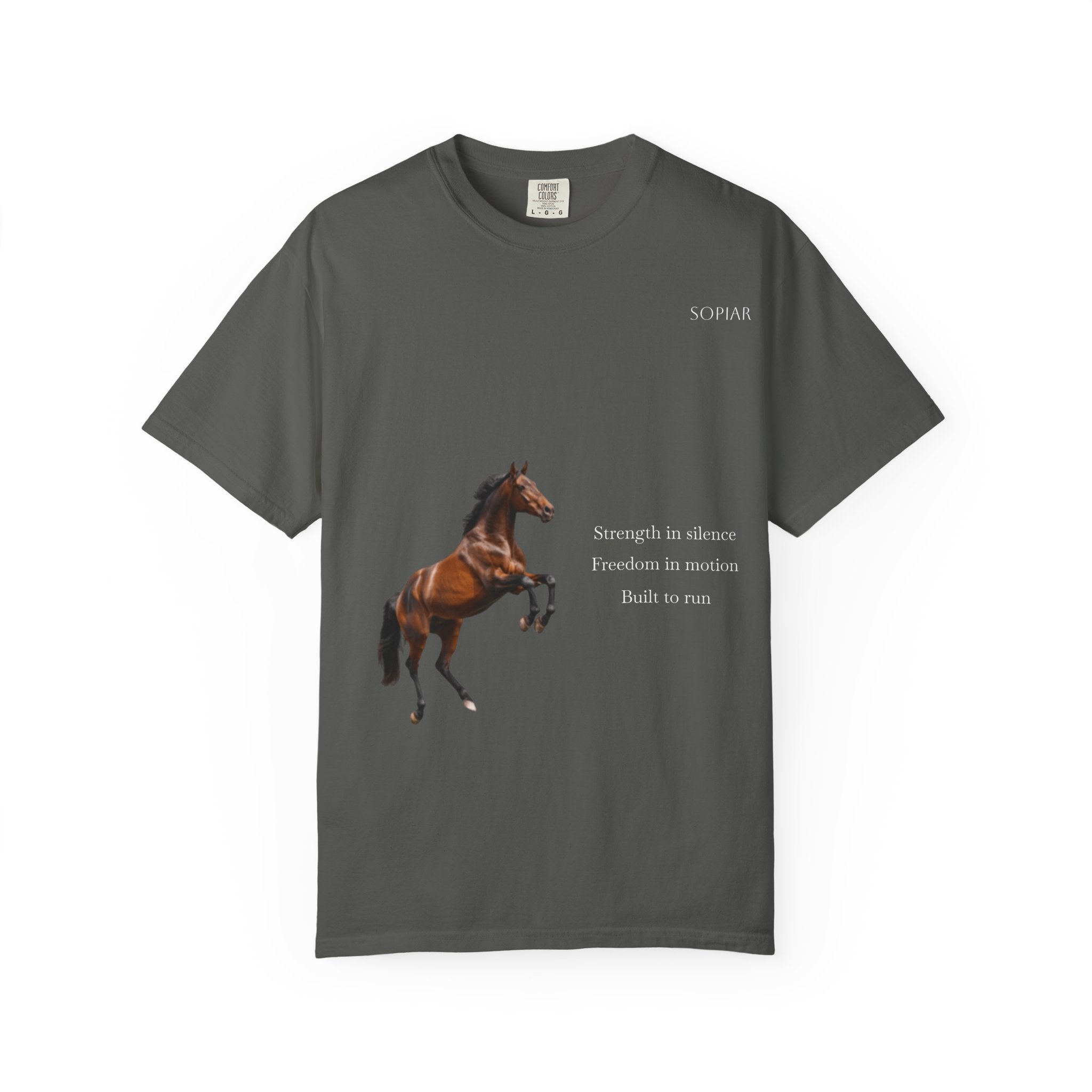 Horse Graphic T-Shirt — Majestic Rearing Stallion Tee with Subtle Text