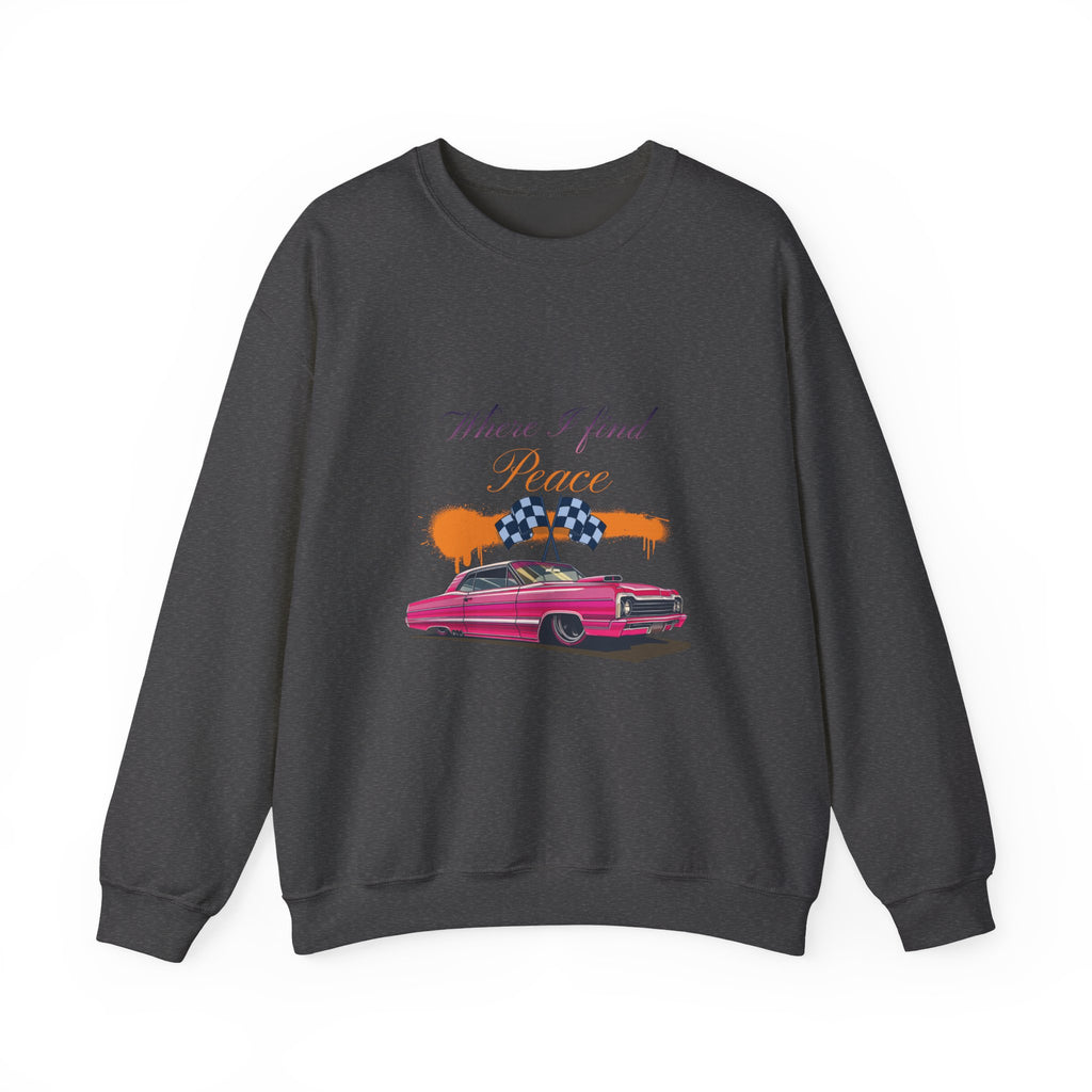 Crewneck Sweatshirt — 'Where I Find Peace' Vintage Pink Car Graphic